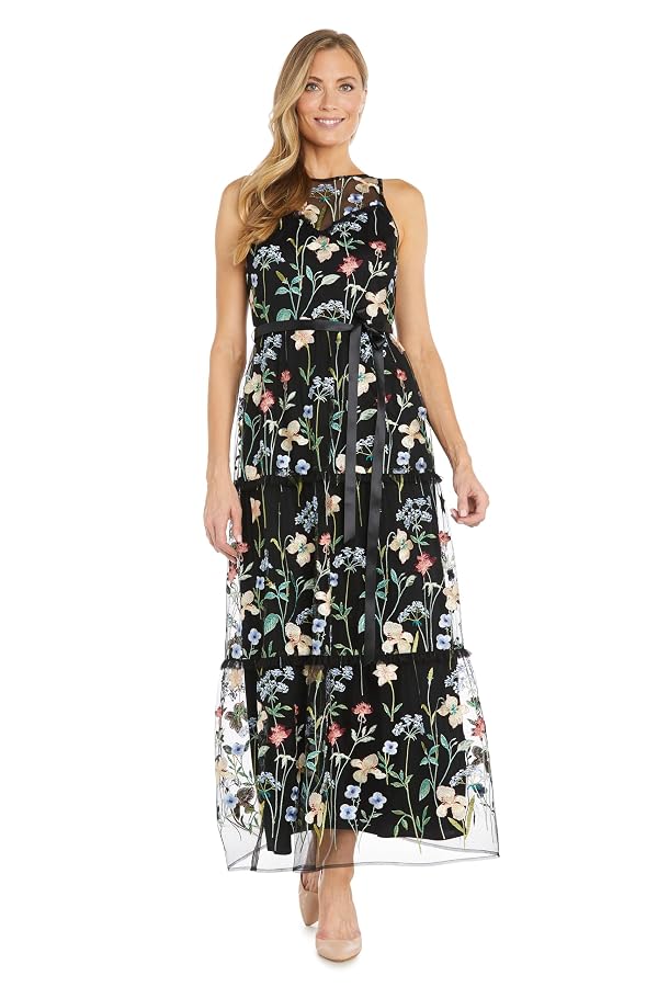 R&M Richards Women's Floral Threadwork Maxi Dress W/Tiered Skirt, Satin Waist Sash & Illusion Neckline Black Multi by R&M Richards - Used condition - US$145.26