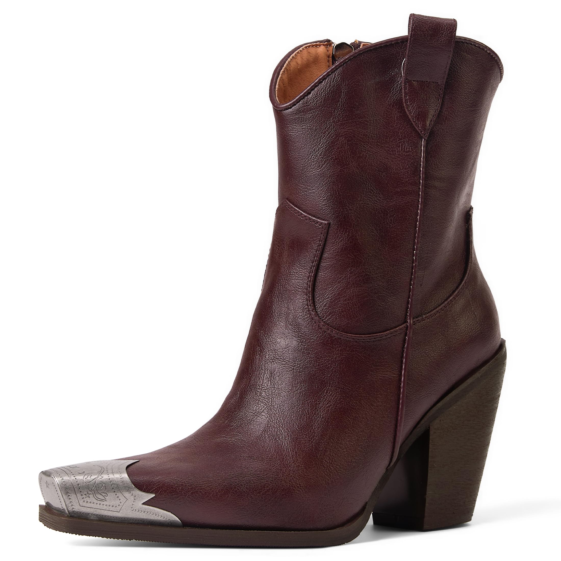 HoanTiai Cowboy Ankle Boots for Women Engraved Steel Toe Cowgirl Boots Stacked Block Heels Short Cowboy Boot Fashion Dressy Western Country Booties