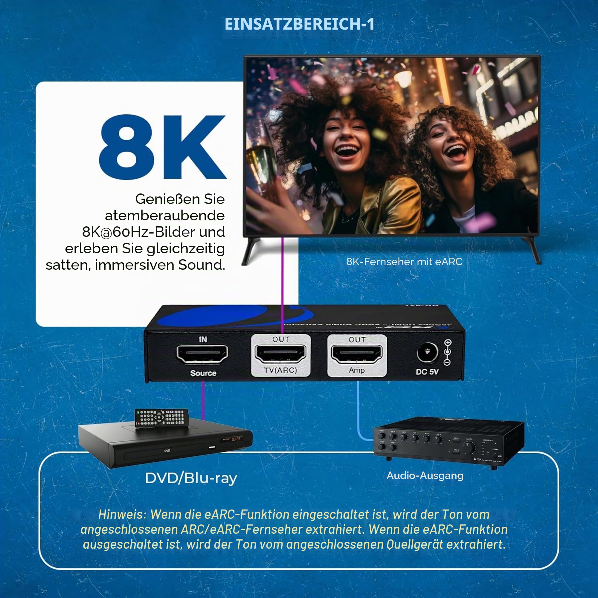 OREI 8K eARC HDMI Audio Extractor Converter ARC Support 48Gbps 4K @ 120Hz - Dolby Digital/DTS Passthrough CEC, HDR, Dolby Vision, Atmos Supported - Send eARC Signal to Old AV Receiver (BK-927)