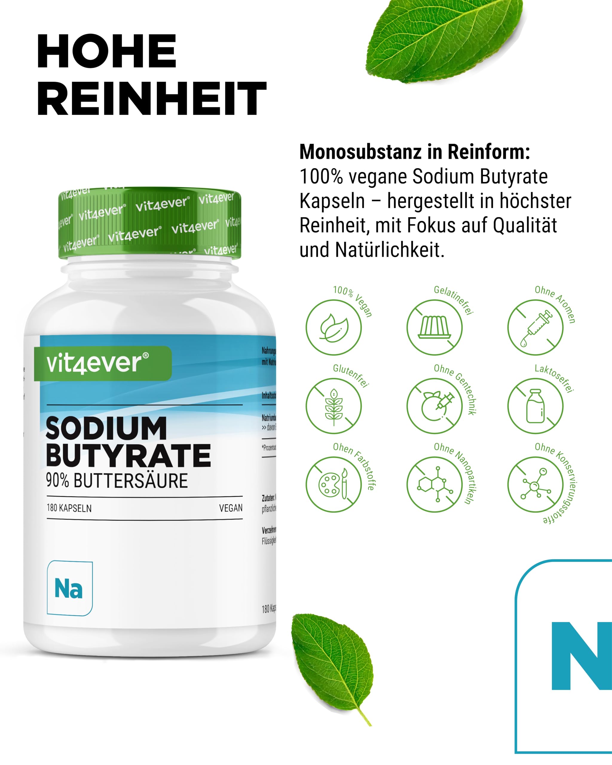 vit4ever Sodium Butyrate - 180 Kapseln - 600 mg - 90% Buttersäure | 540 mg Buttersäure pro Kapsel, reines Natriumbutyrat, hochdosiert, vegan