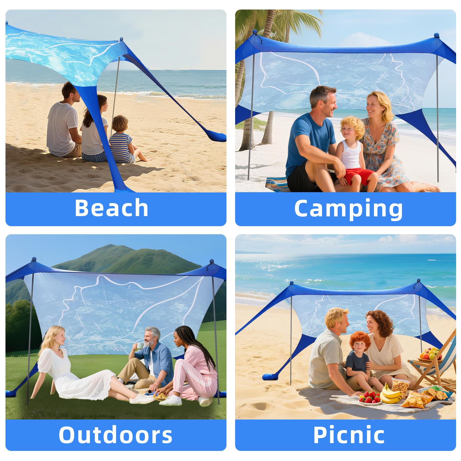 Namiot plażowy Pop Up 160 x 200 cm, nadruk 3D, mały, ochrona przed słońcem, UPF50, namioty z lycry, na podwórko, plażę, kemping, muszle plażowe z drążkami stabilności, kolor niebieski muszla