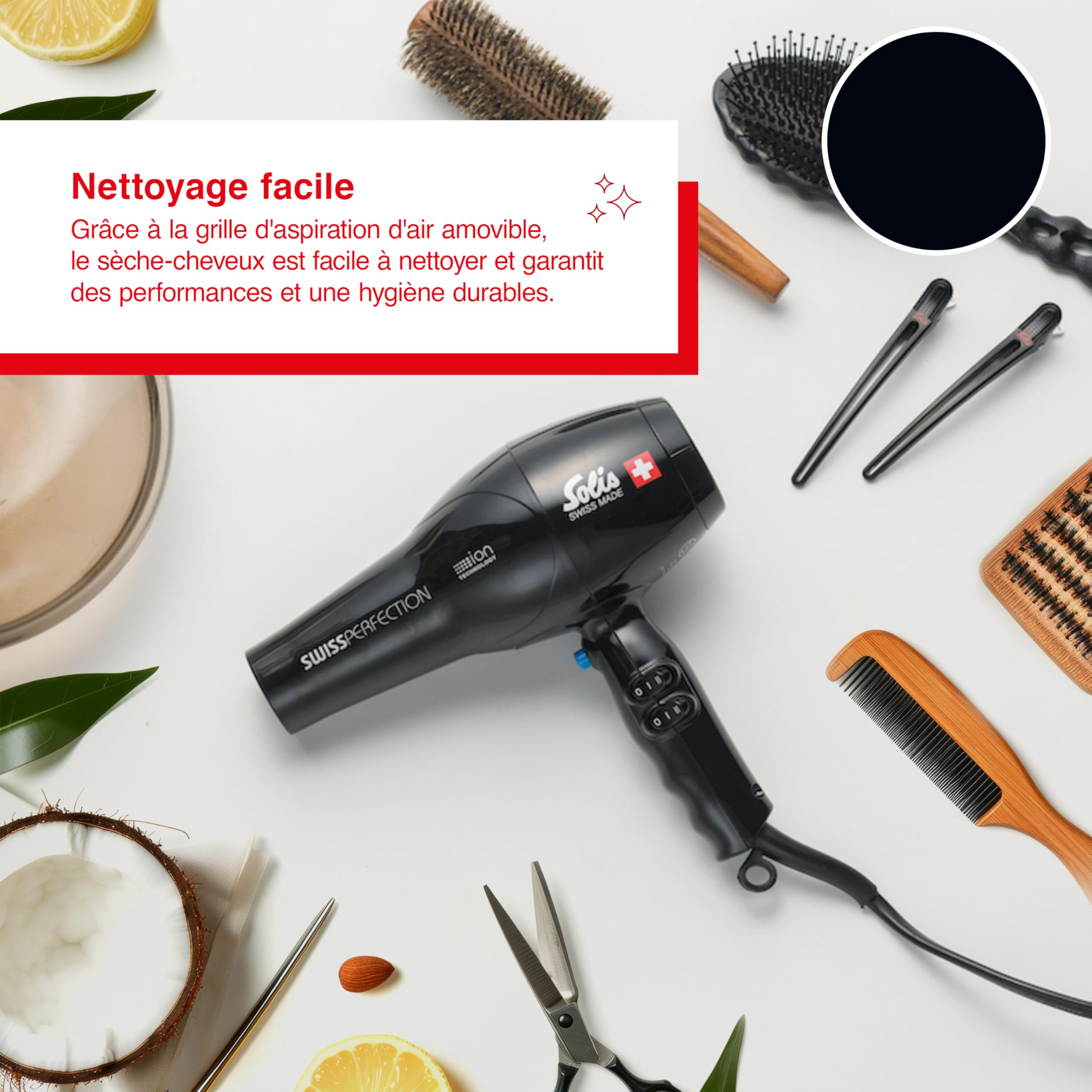 Solis Sèche-Cheveux Professionnel Swiss Perfection Type 440, 2300 W, Moteur AC, Technologie Ionique Céramique Tourmaline, 3 Niveaux de Température et Ventilation, Bouton Air Froid, Noir