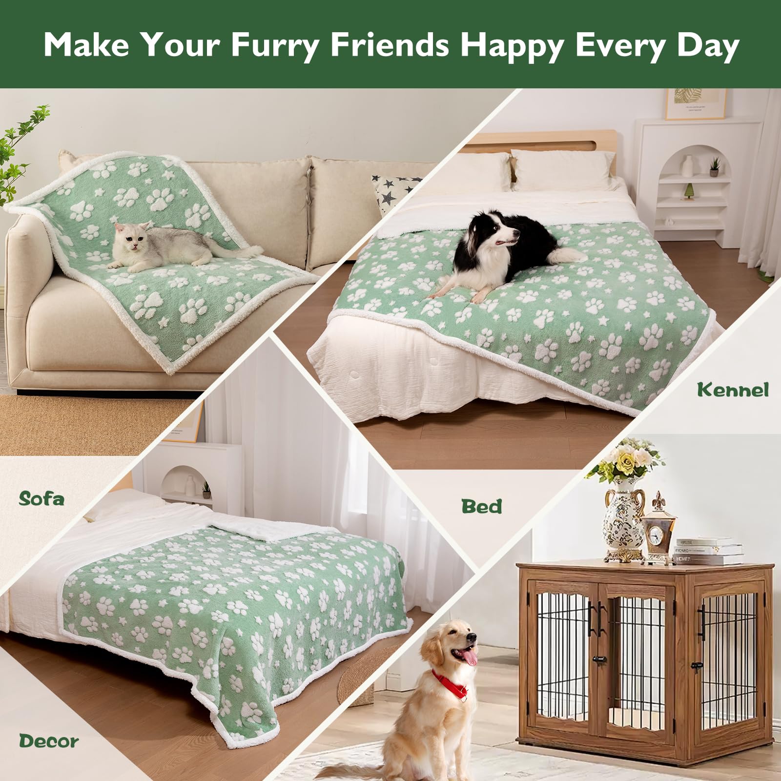 Yaning Waterproof Blanket for Dog Cat or Adult, Cute 3D Textured Paw Dog Blanket for Bed Couch Sofa, Soft Liquid Pee Proof Pet Furniture Protector, 60"x80", Green