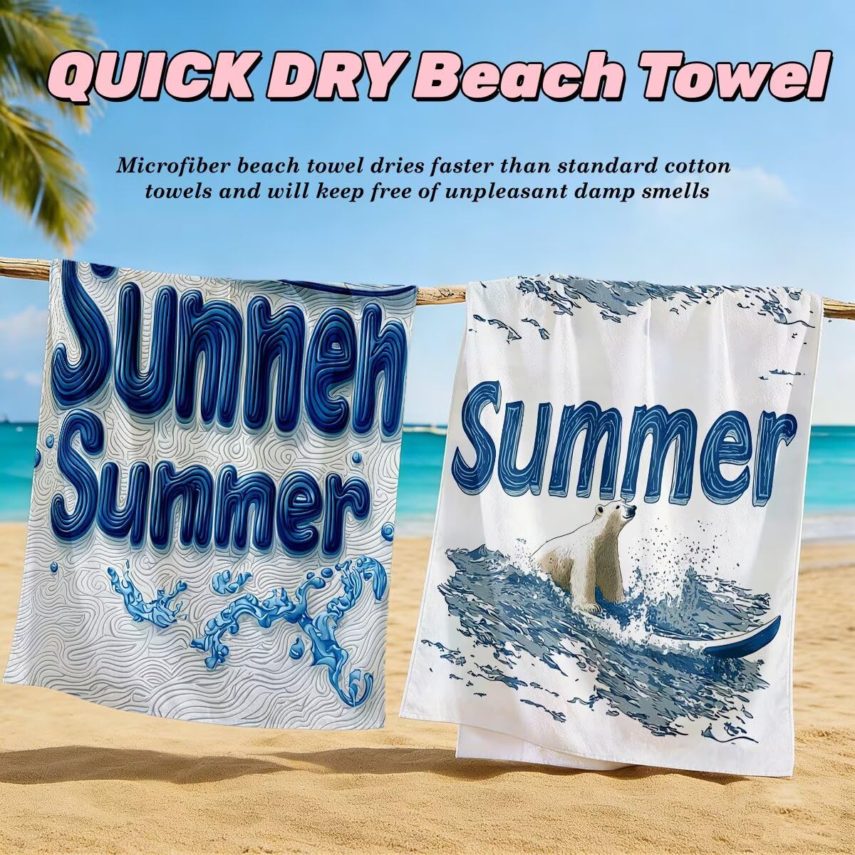 Toalla Playa 80x160 cm, Toalla Gimnasio Microfibra Secado Rapido, Juego de 2 Antiarena Toallas de Playa, Ligera Compacta Toallas Microfibra Grande para Viaje, Regalo Hombre Regalo Mujer (Oso) -4055