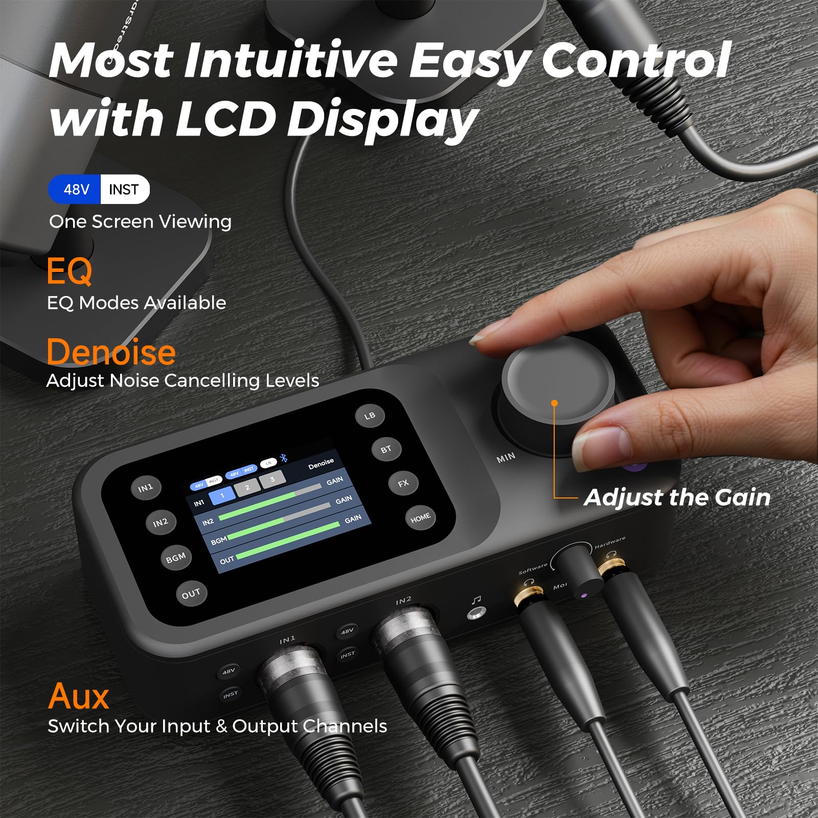 AMIX40U Audio Interface con preamplificatore pro/10 canali/Dual XLR o 6,35 mm Audio Port/48 V Phantom Power/Bluetooth/LCD, mixer audio per chitarristi/produttori su PC/Mac