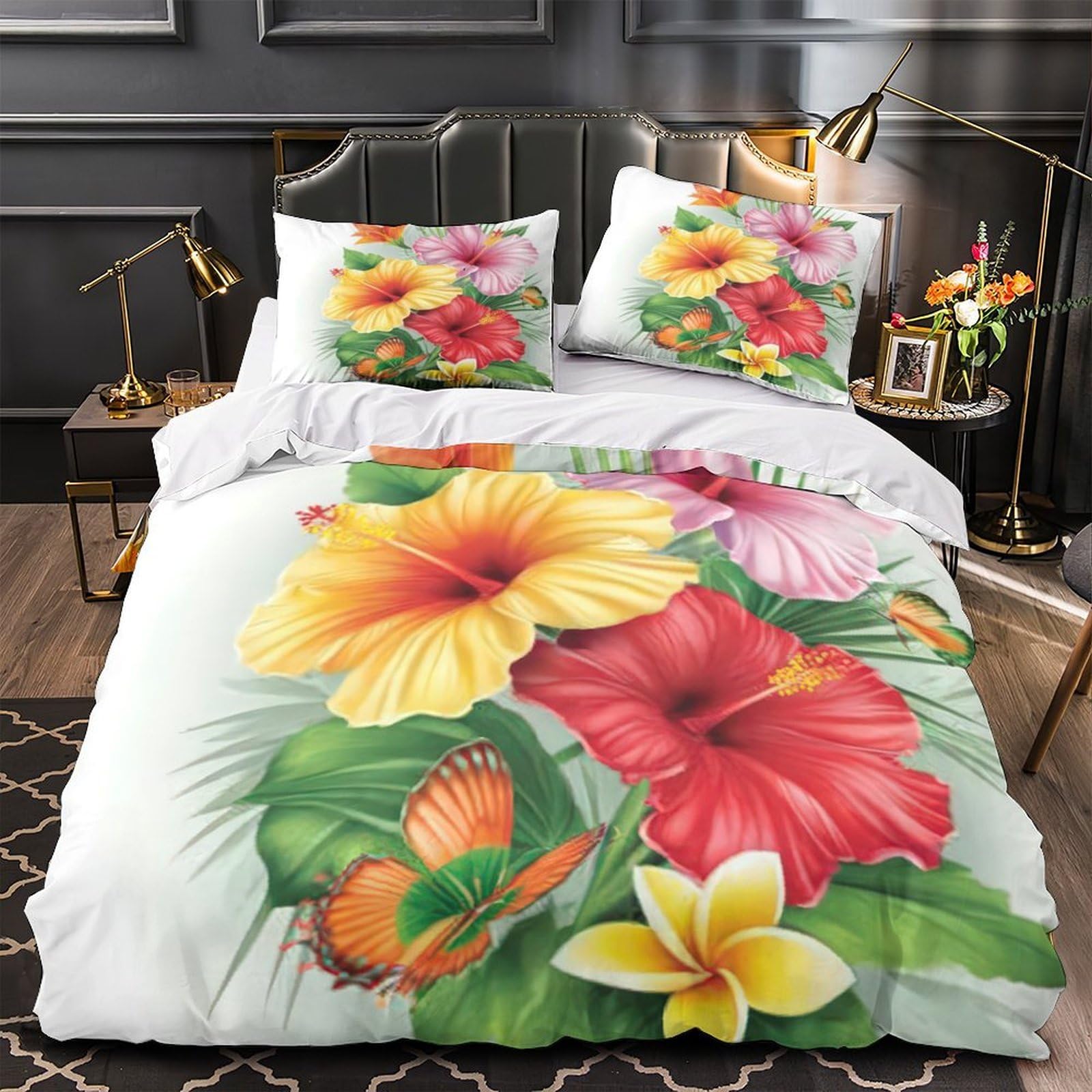 MMDASBVPE Hibiscus Flowers Duvet Cover 3D Design Printed Anti-allergic 3 Pieces Bedding Set Zipper Quilt Cover Hotel Quality Wrinkle-Resistant for Adults Kids Women Teens Youth Single（140x200cm）