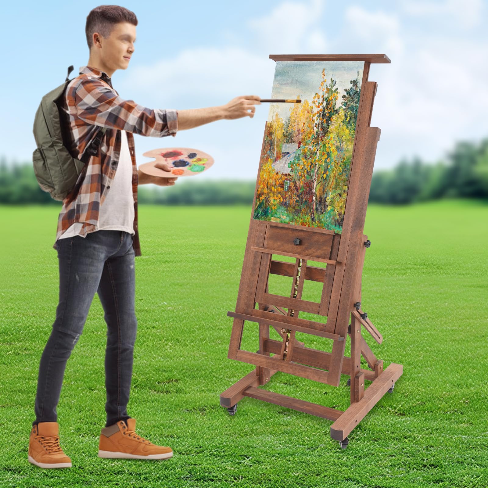 Caballete de estudio para pintar madera maciza artista profesional caballete con ruedas pintura arte soporte, 140-300 cm rango de ajuste de altura, horizontal y vertical