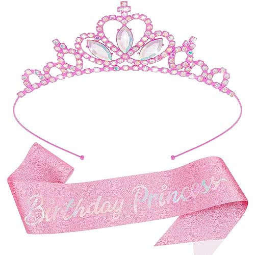Miniatura 8 de COCIDE Fajas y tiaras de "princesa de cumpleaños" para niñas, coronas rosadas y tiaras para mujeres, kit de accesorios de fiesta de cumpleaños,