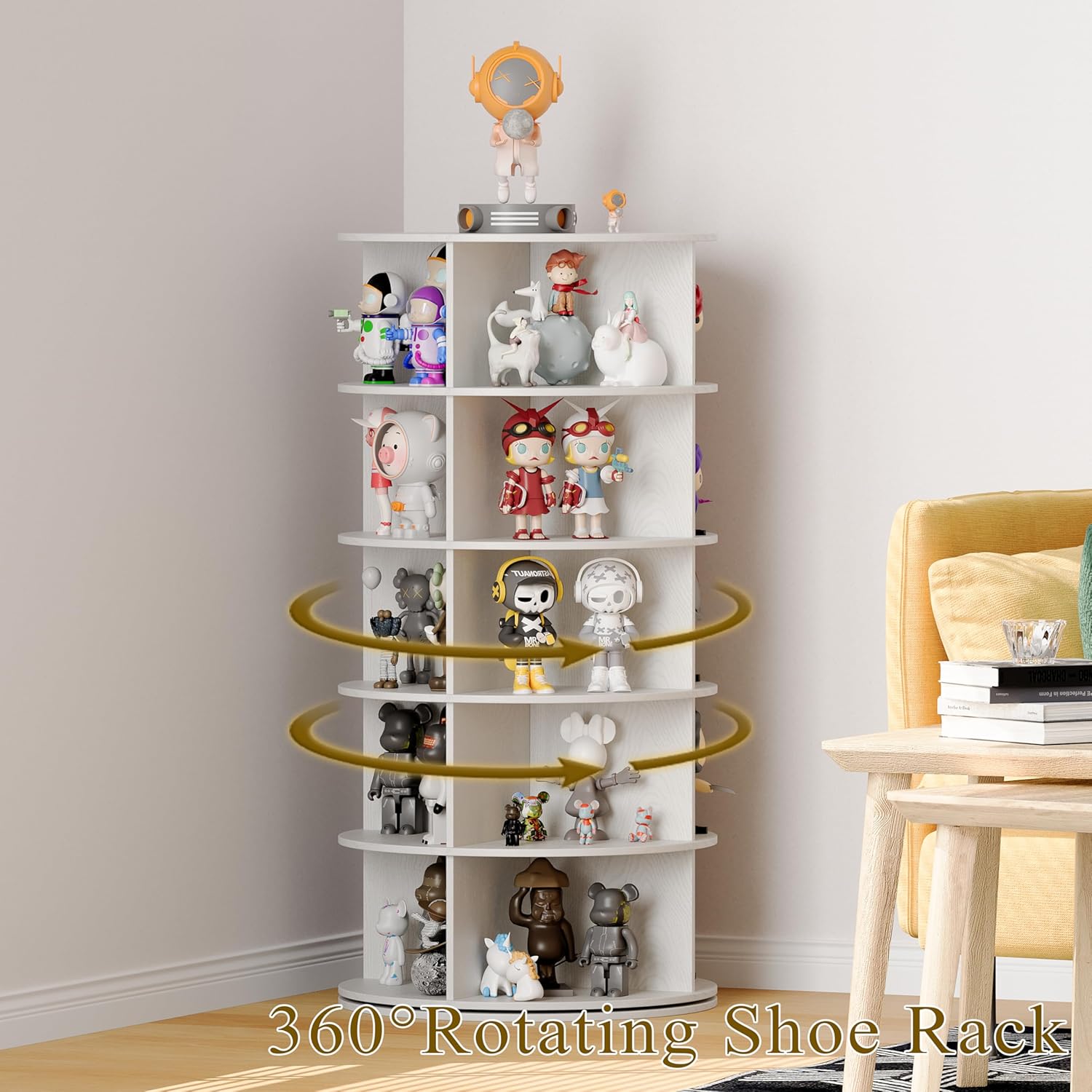 VDNEND Wooden Rotating Shoe Rack, 5 Tier Spinning Shoe Rack Tower for Closet, Storage Organizer for Entryway, Bedroom, Living Room (Embossed White, 5 Tier)