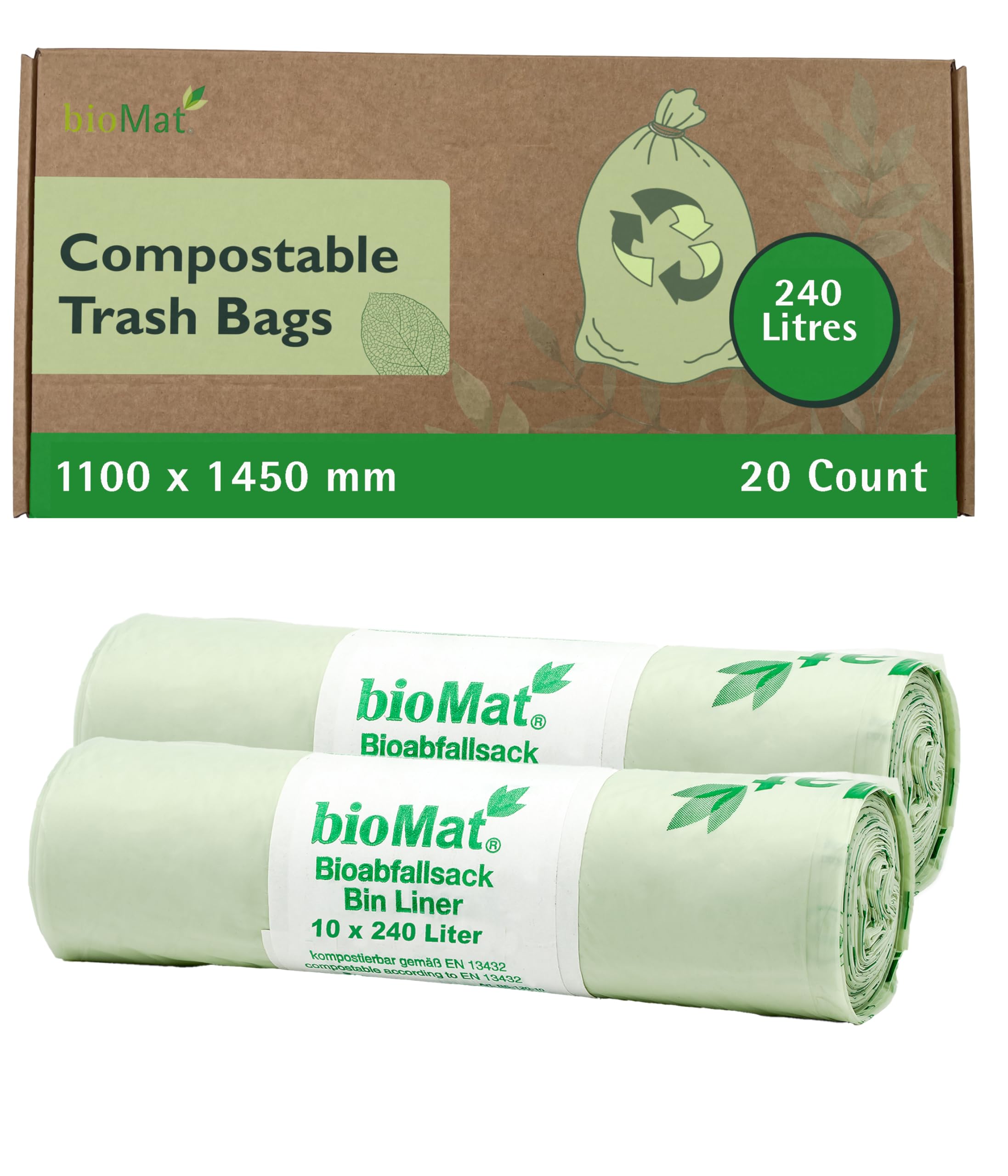 bioMat Compostable Wheelie Bin Liners, 20 Refuse Sacks, 240 litre, EN 13432 Certified Compostable Food Waste Bags, for Organic Waste, Household Waste