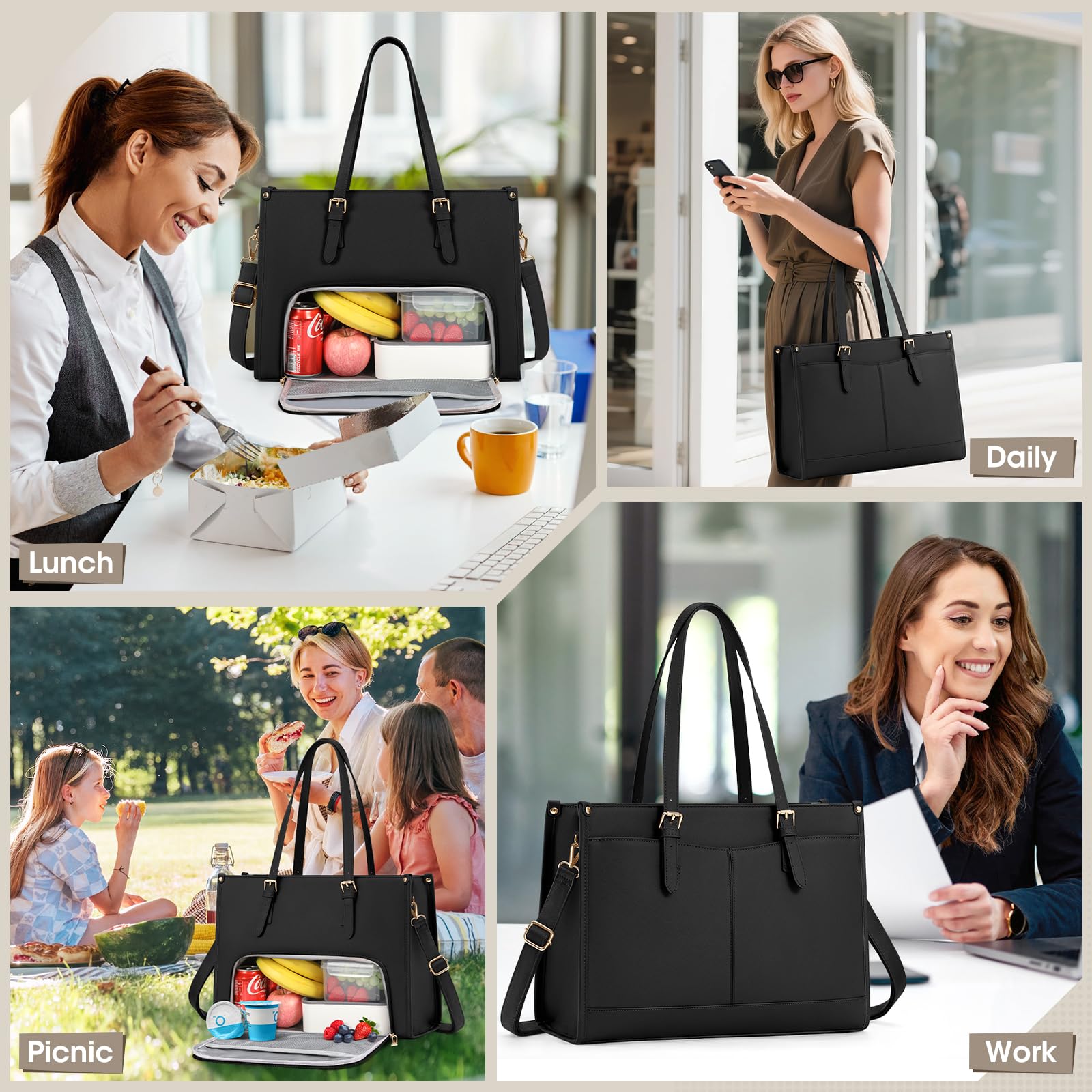 Rainsmore Borsa da Ufficio con Compartimento Isolato per Pranzo e Portafoglio Laptop 15,6 pollici Tote Bag PU Pelle - Dettaglio
