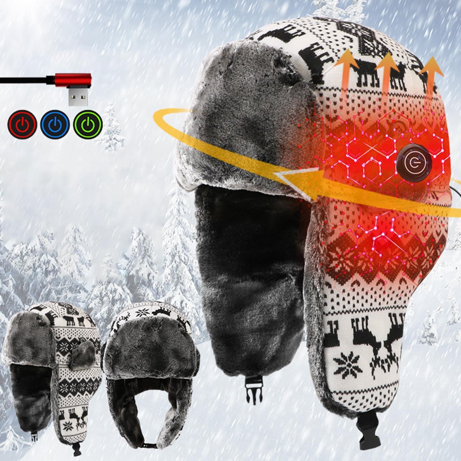 Gorro de trampolín de invierno, cálido y resistente al viento, con orejas, gorro de invierno con calefacción USB, para ciclismo, caminar, caminos, pesca, hombres, mujeres, adolescentes, él y ella