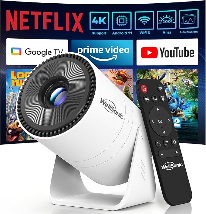 Mini Projector with WiFi and Bluetooth, Portable Movie Projector support 4K, Electric Focus, 210° Rotatable Stand, 150