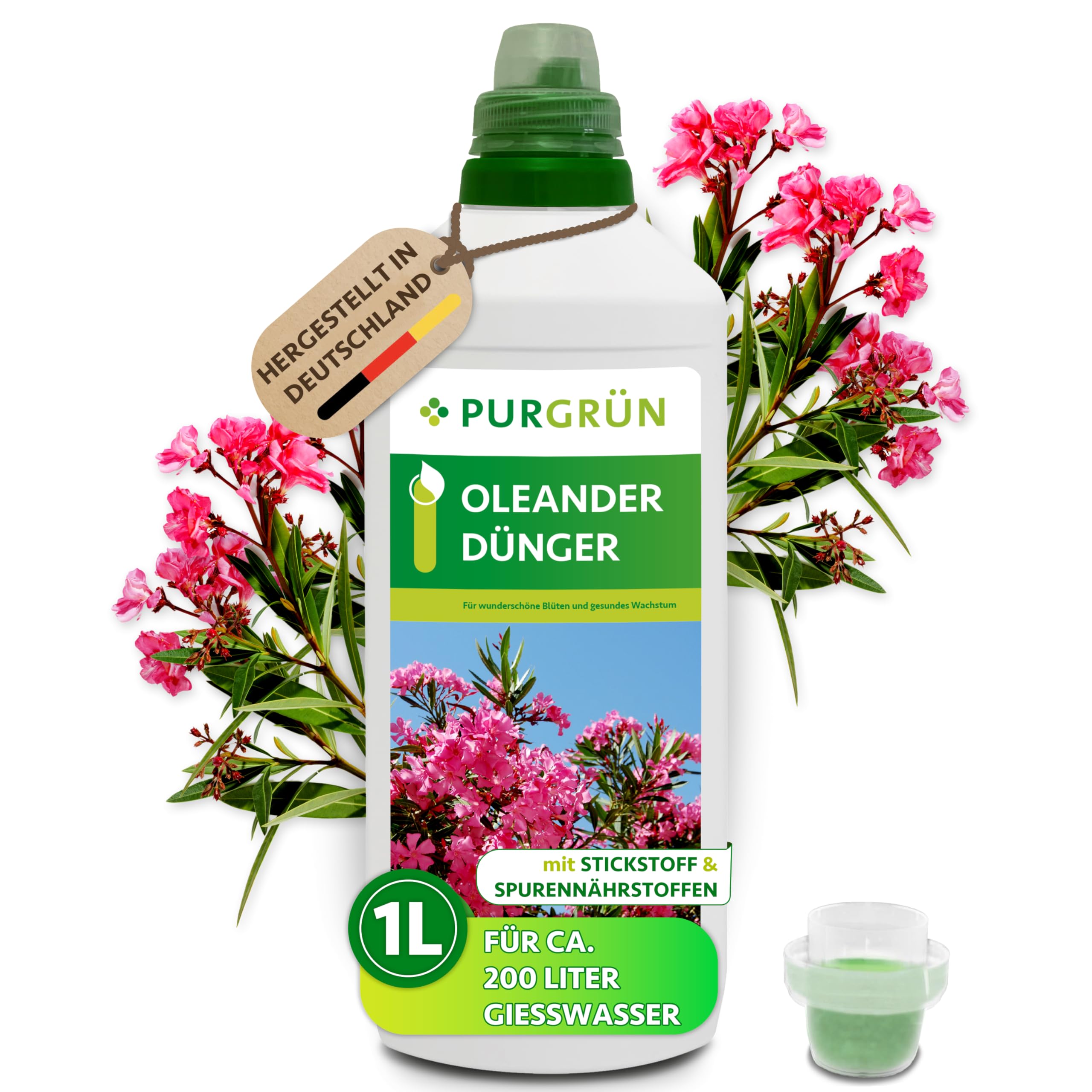 Purgrün® Oleander-Dünger 1 Liter – Prächtige Blüten und gesundes Wachstum – Premium-Flüssigdünger mit Spurennährstoffen – Erhöhte Widerstandskraft dank Kalium – Konzentrat für 200 Liter Gießwasser