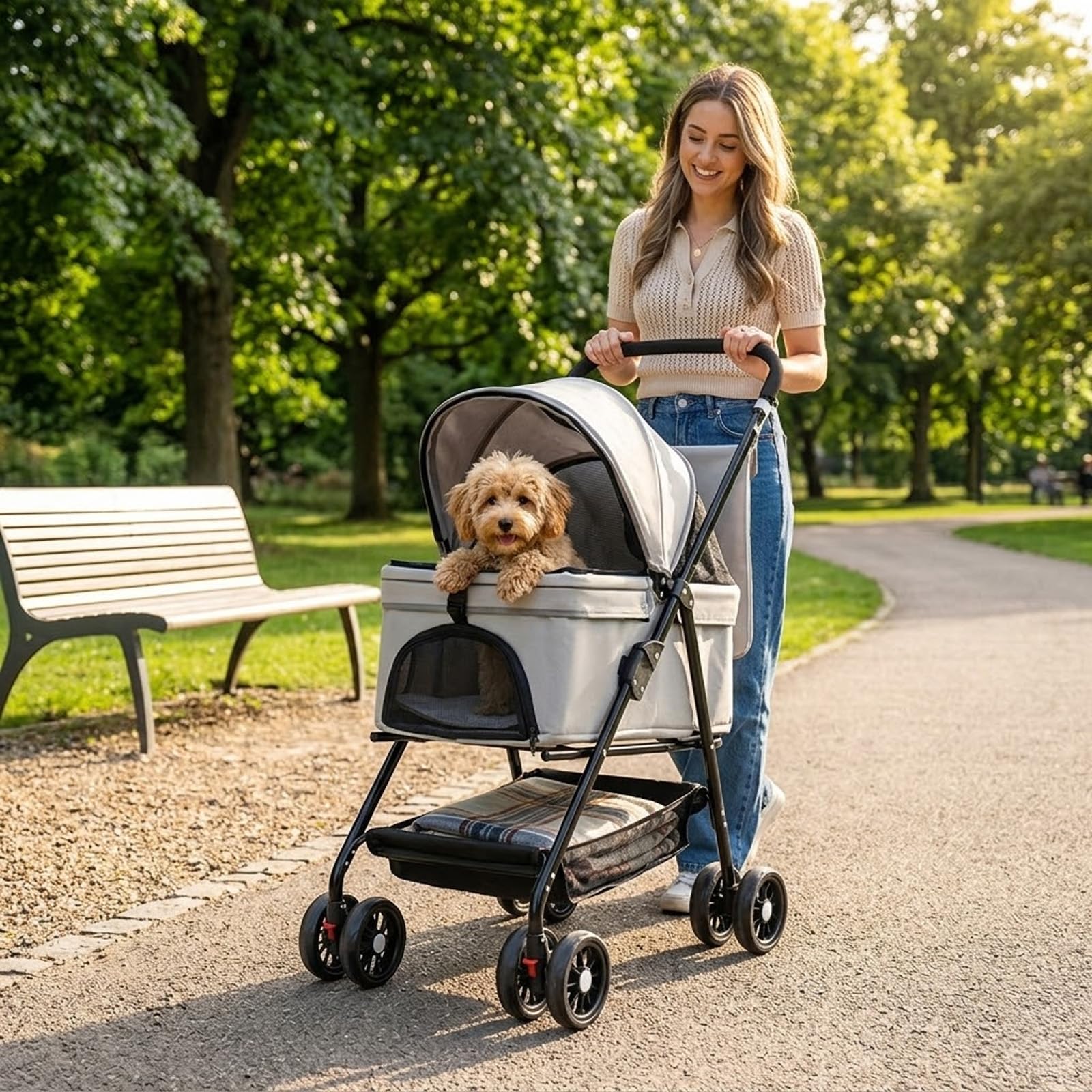 Cochecito para perros plegable hasta 20 kg, 3 en 1 con cesta de almacenamiento extraíble para perros pequeños y gatos, carrito para perros con ruedas giratorias de 360 ° y ventanas de red, cochecito