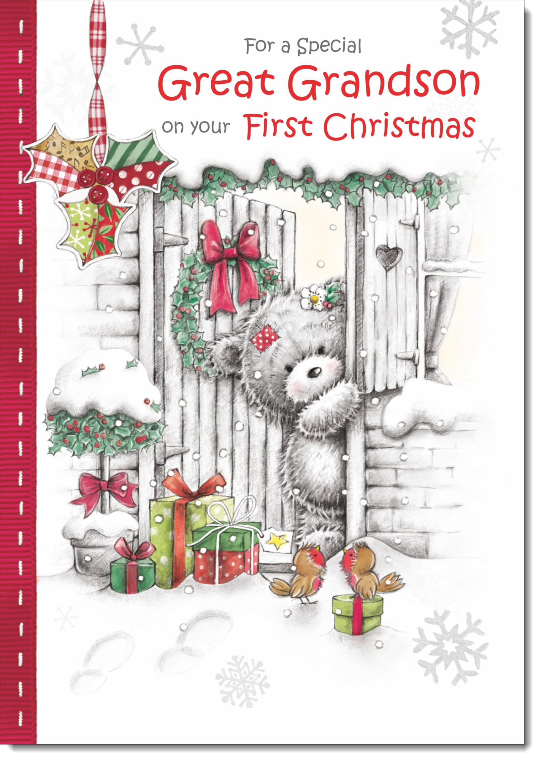 doodlecards Great Grandsons 1st First Christmas Card Grey Bear in Snow Large A4 Size Christmas Card for Great Grandsons 1st with Plain Envelope