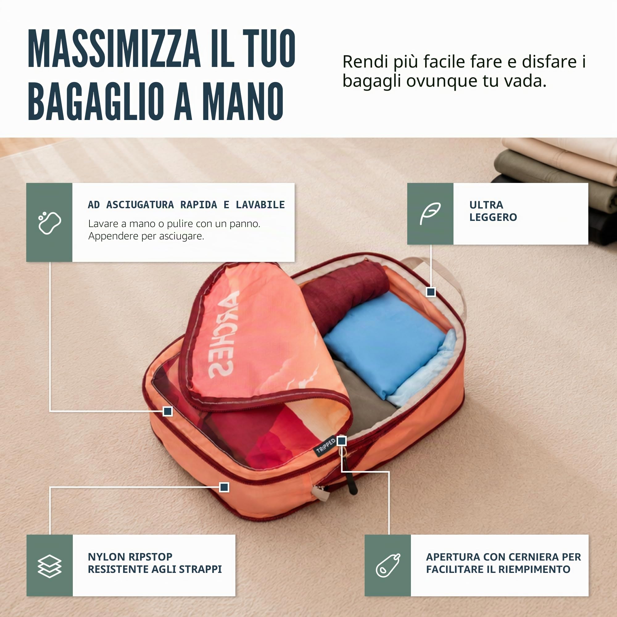 TRIPPED Travel Gear Set di cubi da viaggio a compressione, organizer per vestiti leggeri e resistenti, per bagagli e valigie