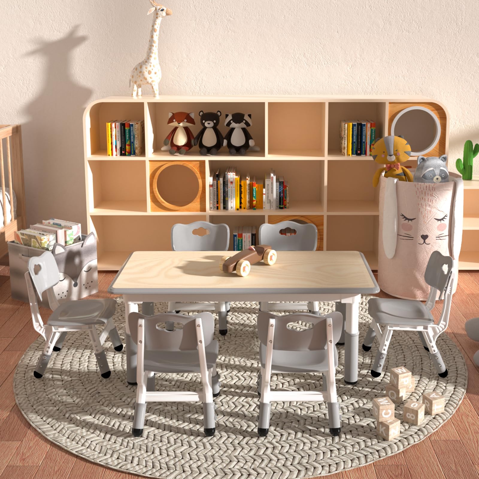 Juego de mesa y 6 sillas para niños, mesa y silla para niños de altura ajustable, mesa de estudio multiactividad para niños pequeños con escritorio de 47.2 x 23.6 pulgadas, para aulas 7