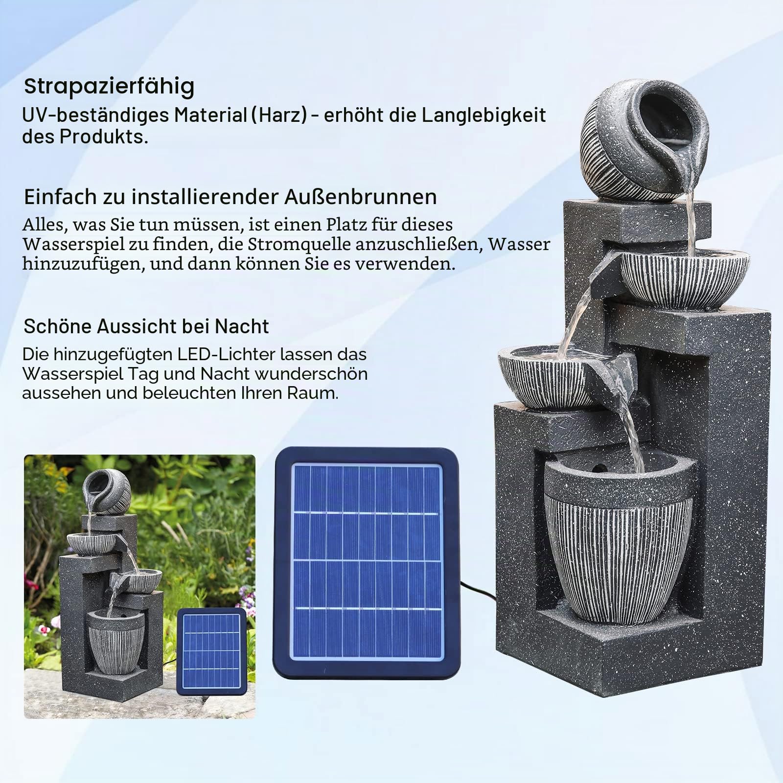BTGGG Solarbrunnen für Draussen,4-Stufiger Kaskaden Solar Springbrunnen Gartenbrunnen mit LED-Licht für Außen Solar Wasserspiel Wasserfall Brunnen für Garten,Balkon,Terrasse,19x19x51cm