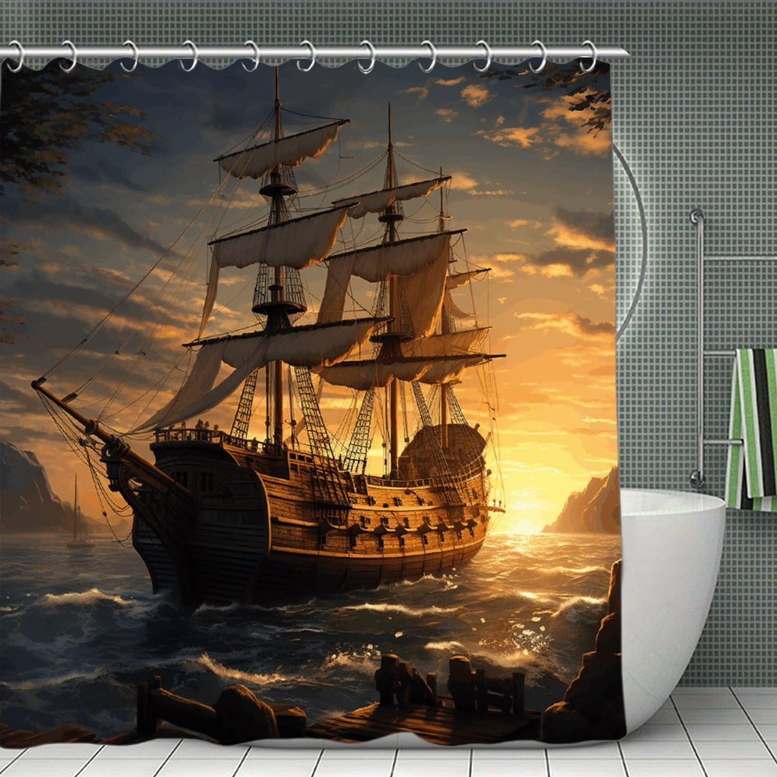 VstaDank Fantasy Pirate Ship Bath Curtain Elegant Heavy Duty Shower Curtains 70x70 in Rustic Farmhouse Cloth Shower Curtains Neutral Modern Bath Curtain for Bathroom