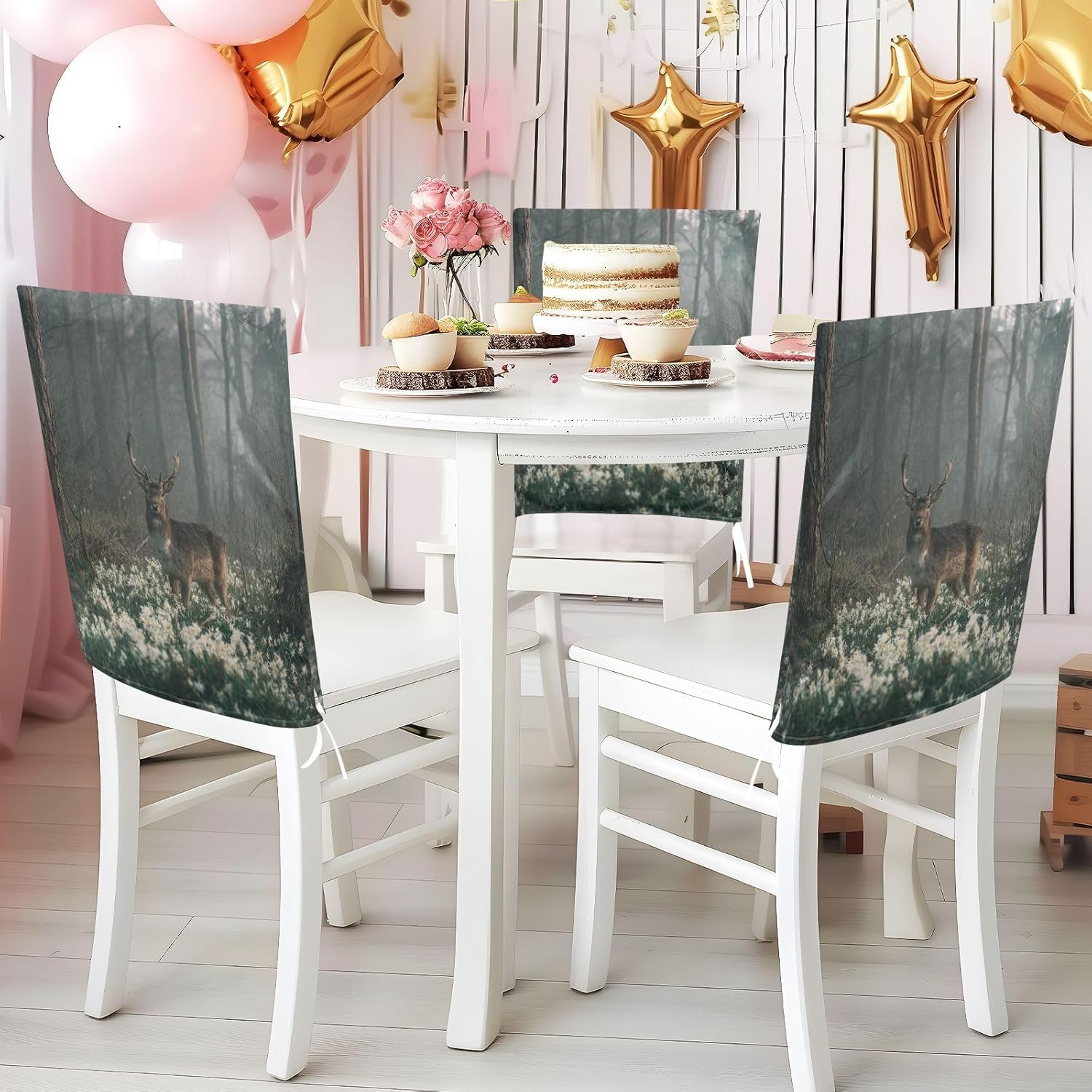 ALAZA Deer Forest Flowers Chair Back Cover Set of 6, Washable Reusable Removable Chair Slipcovers Decorative Chair Cover for Home Kitchen Wedding Party