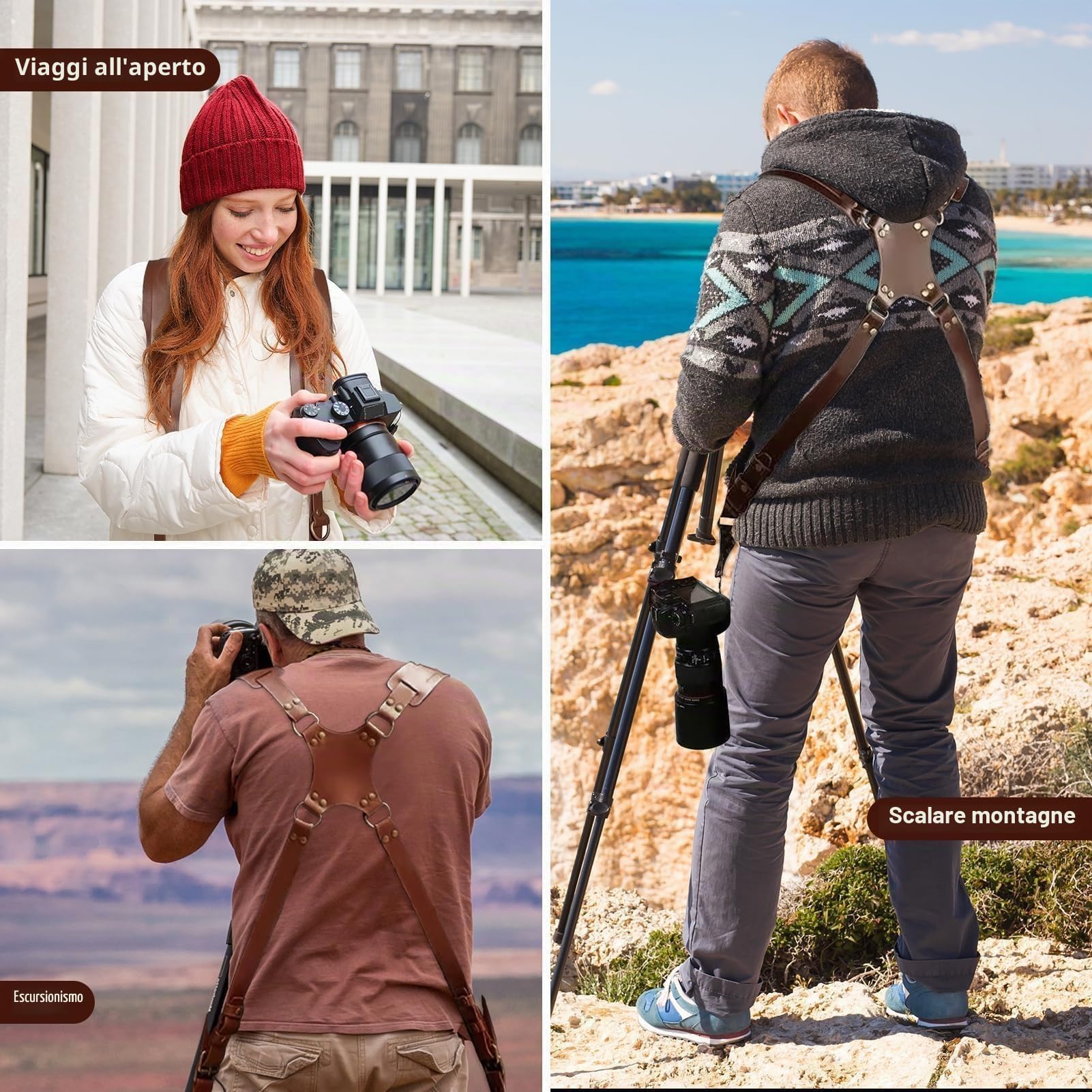 Tracolla Macchina Fotografica, Imbracatura Vintage Doppia Spalla per DSLR SLR, Imbracatura per Fotocamera Doppia in Pelle di Regolabile, Tracolla doppia fotocamera per fotografi di tutti i livelli