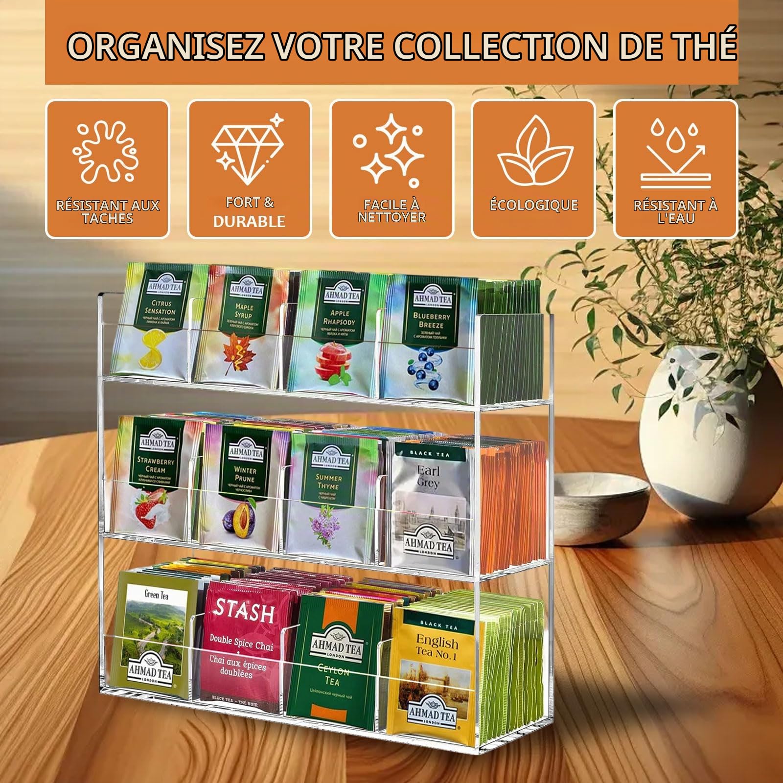 mumisuto Boite a The en Acrylique avec 12 Compartiments pour 216 Sachet Thé, Boite à Thé Gain de Place & sans Odeur 29,6 x 9,8 x 26,4 cm, Moderne & Élégant Boite Transparente pour Le Rangement