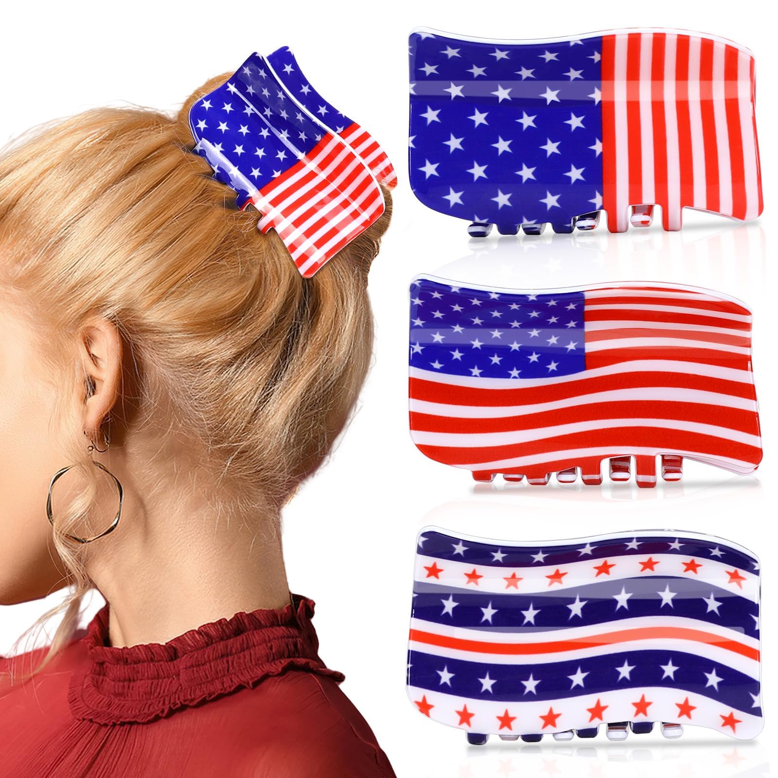 kaiolbly 3Pcs American Flag Shaped Claw Clips USA Patriotic 4th of July Design Hair Accessories Red White and Blue Hair Clips for Independence Day