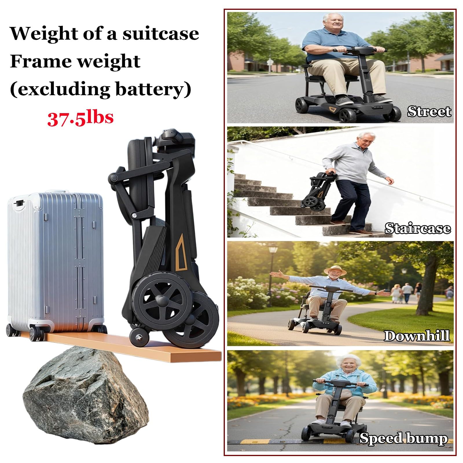 Scooter De Movilidad Plegable Scooter Para Personas Mayores Equipado Con Dos Baterías De Litio Extraíbles De 6,6 Ah Capacidad De Peso 100 Kg/220 Lb Black