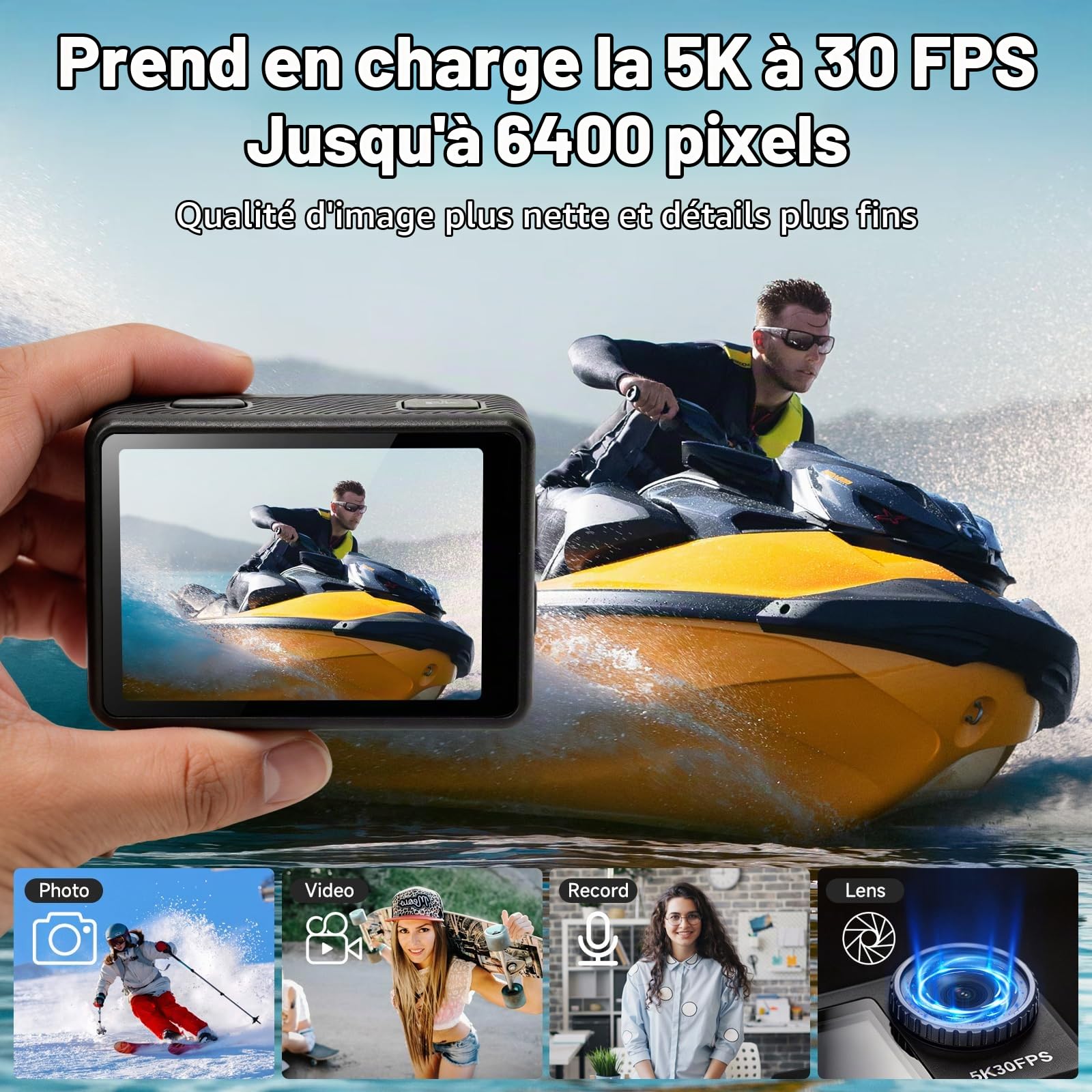 AIKER Camera Sport,Version Pro Camera Vlog Assistance 5k30FPS Photo 64MP/3.0EIS/Trè Longue Autonomie/Grand Angle 130°/Action Cam Étanche/Support Aimanté Original Cameras Moto pour Moto,Vélo EtOutdoor