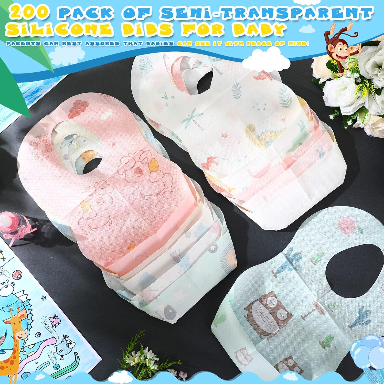 100/200 Pcs Disposable Baby Bibs Bulk Travel Feeding Bib Soft Food Catcher Pocket for Toddlers Girls Boys