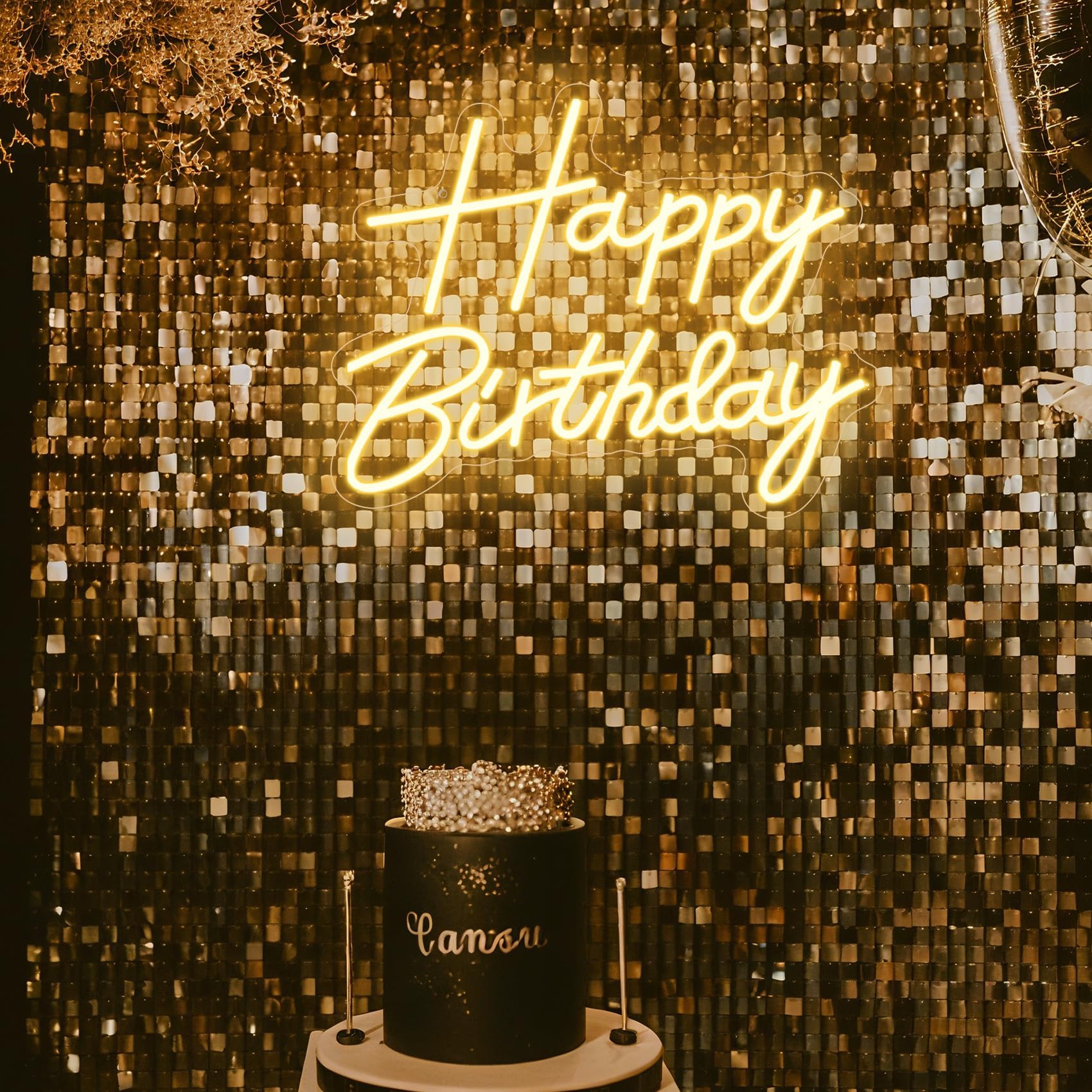neonowy znak "Happy Birthday" na tle, podświetlany znak LED "Happy Birthday", zasilane przez USB, ściemniane światło neonowe na przyjęcie urodzinowe, dekoracja ścienna, ciepła biel