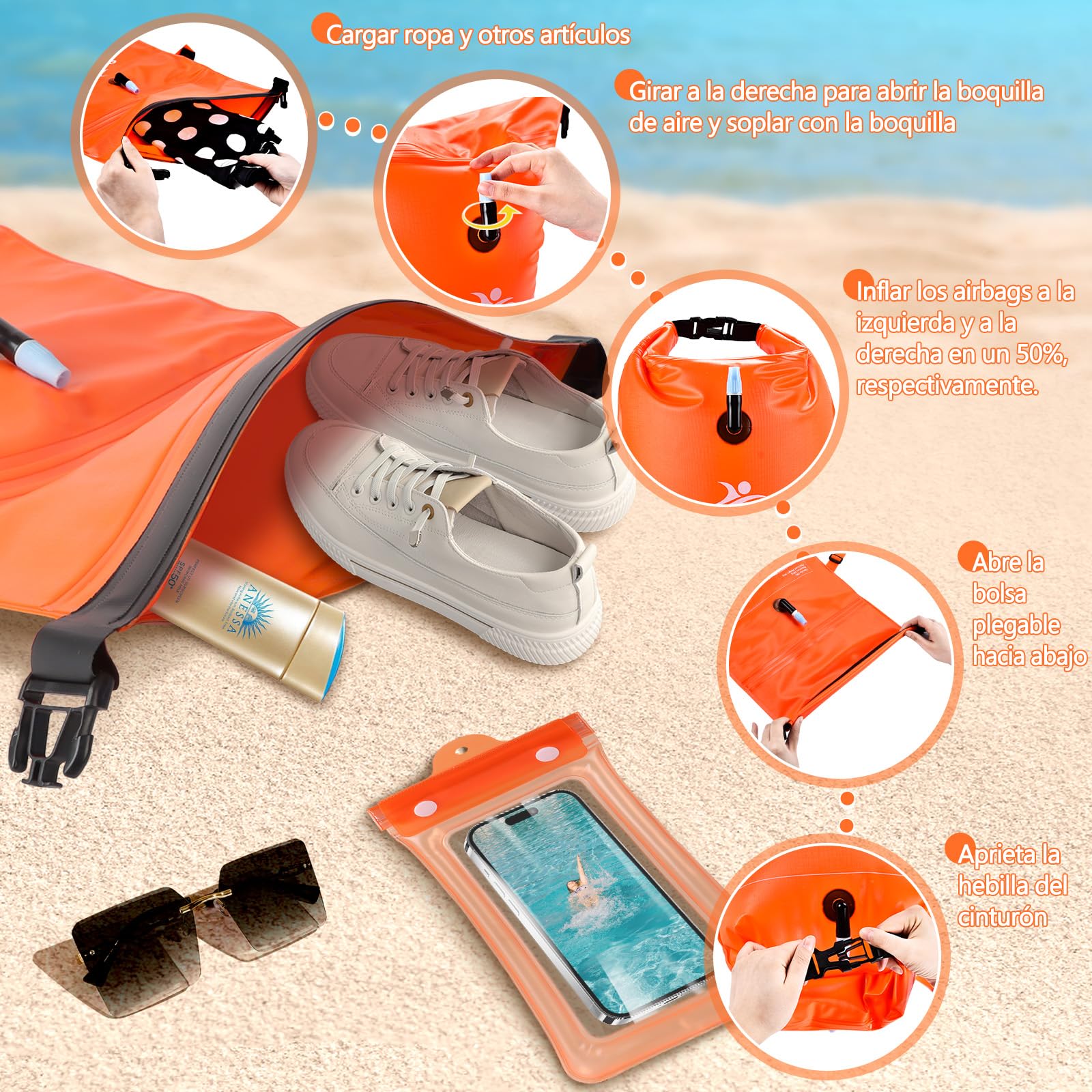 Aragallant 28L Boya de Natación Inflable, Bolsa Impermeable Seca, Flotadora Inflable con Cinturón Ajustable para Deportes Acuáticos, Kayakistas, Surfistas, Canotaje