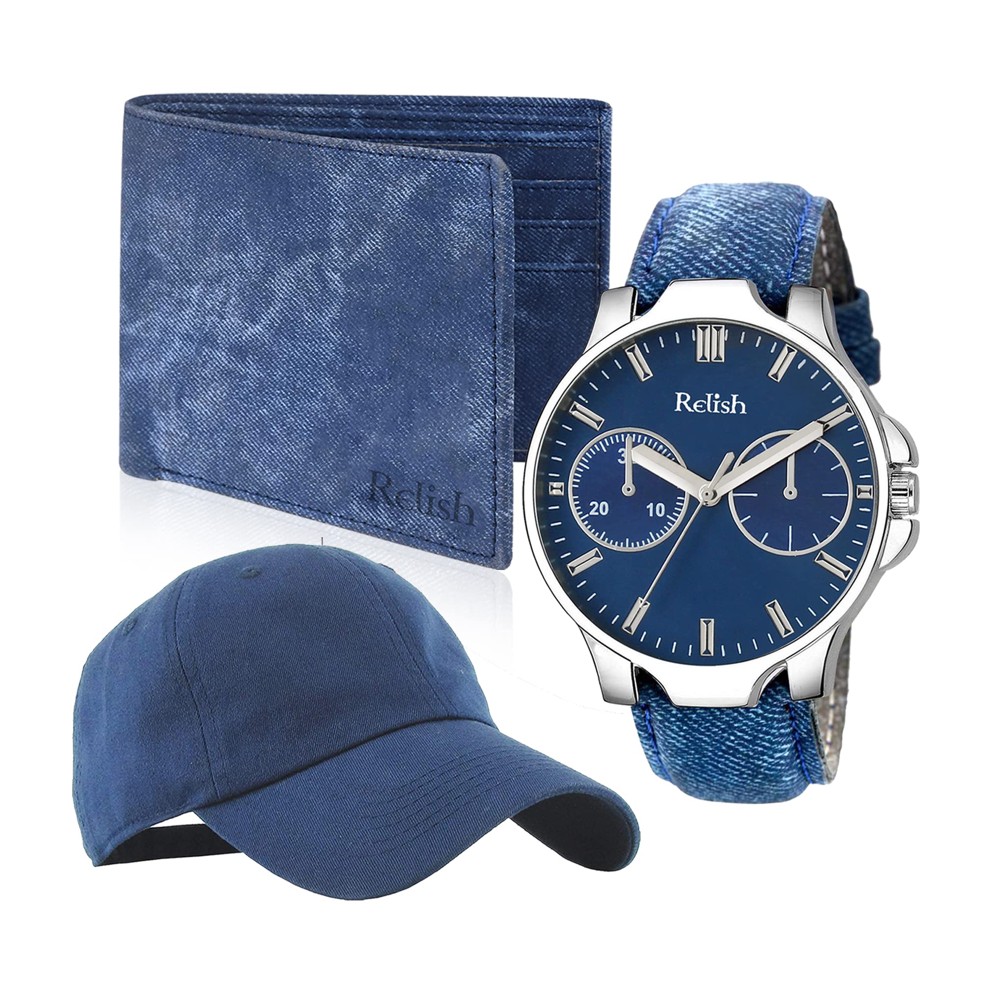 Relish Faux Leather Denim Analogue Mens And Boys Watch, Cap & Wallet Gifts Combo For Mens | Diwali Gift | Gift For Mens, Dial_Gold, Band_Brown (B09JPC1PWD) Amazon Price History, Amazon Price Tracker