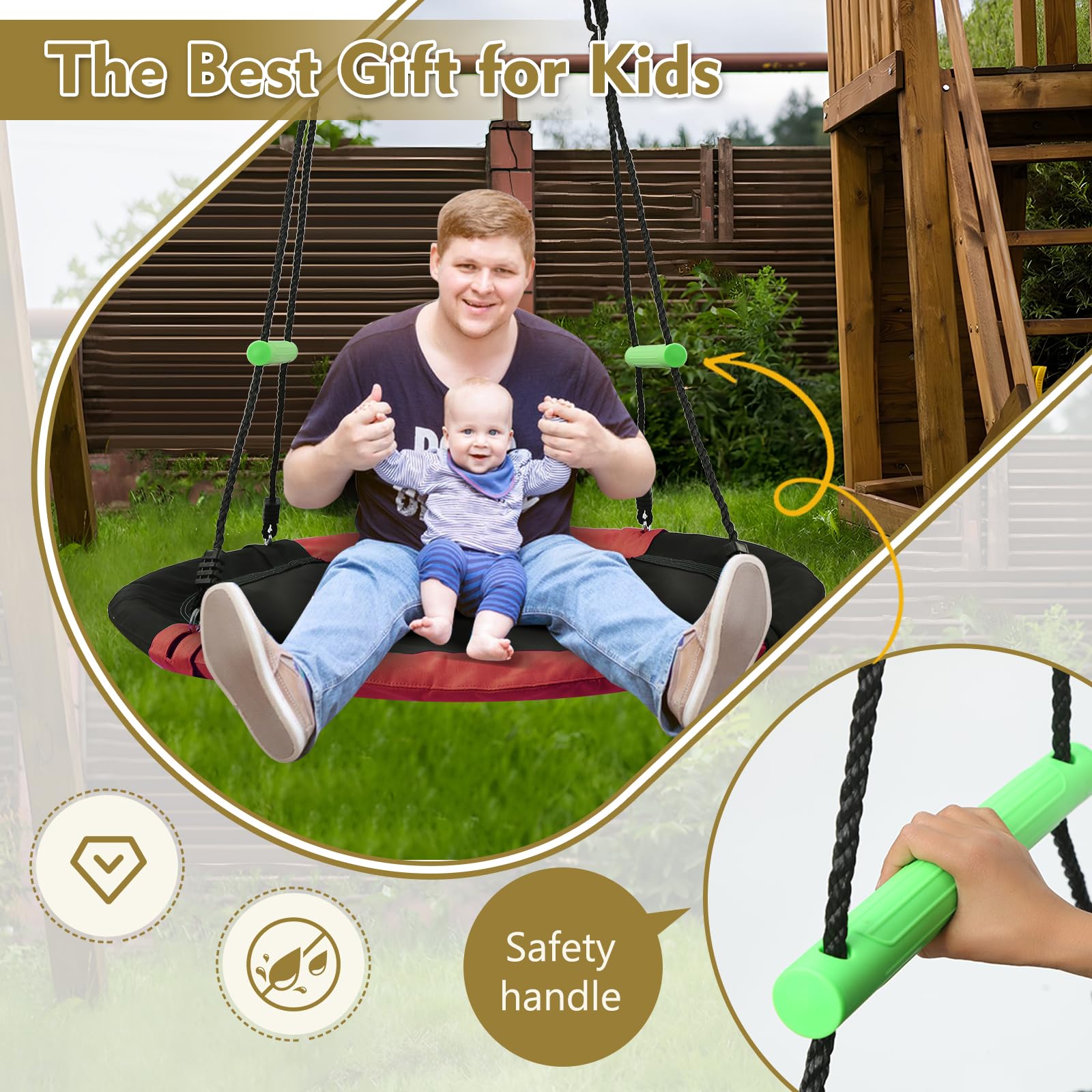 TBMLC 40 inch Diameter Saucer Swing - 1 Inch Diameter&1MM Thick Sturdy Steel Frame with Thick Foam Pipe Cover and Durable Oxford + PP Mat (Black+Red, 40 inches Diameter)