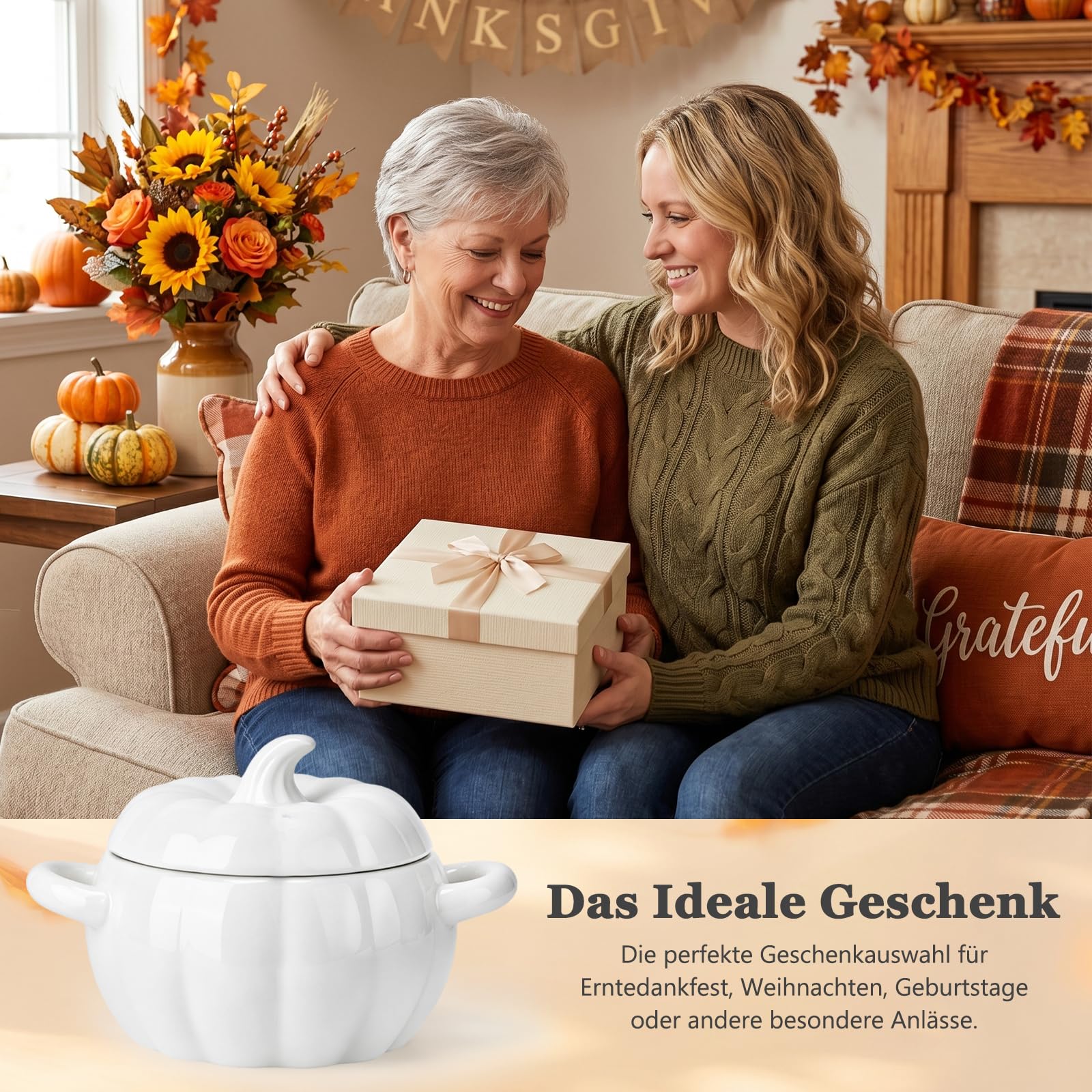 Justup Bol à soupe avec anse - 1,9 l - En céramique - Pot à soupe en forme de citrouille - Avec couvercle - Décoration d'Halloween - Batterie de cuisine pour la maison (blanc)