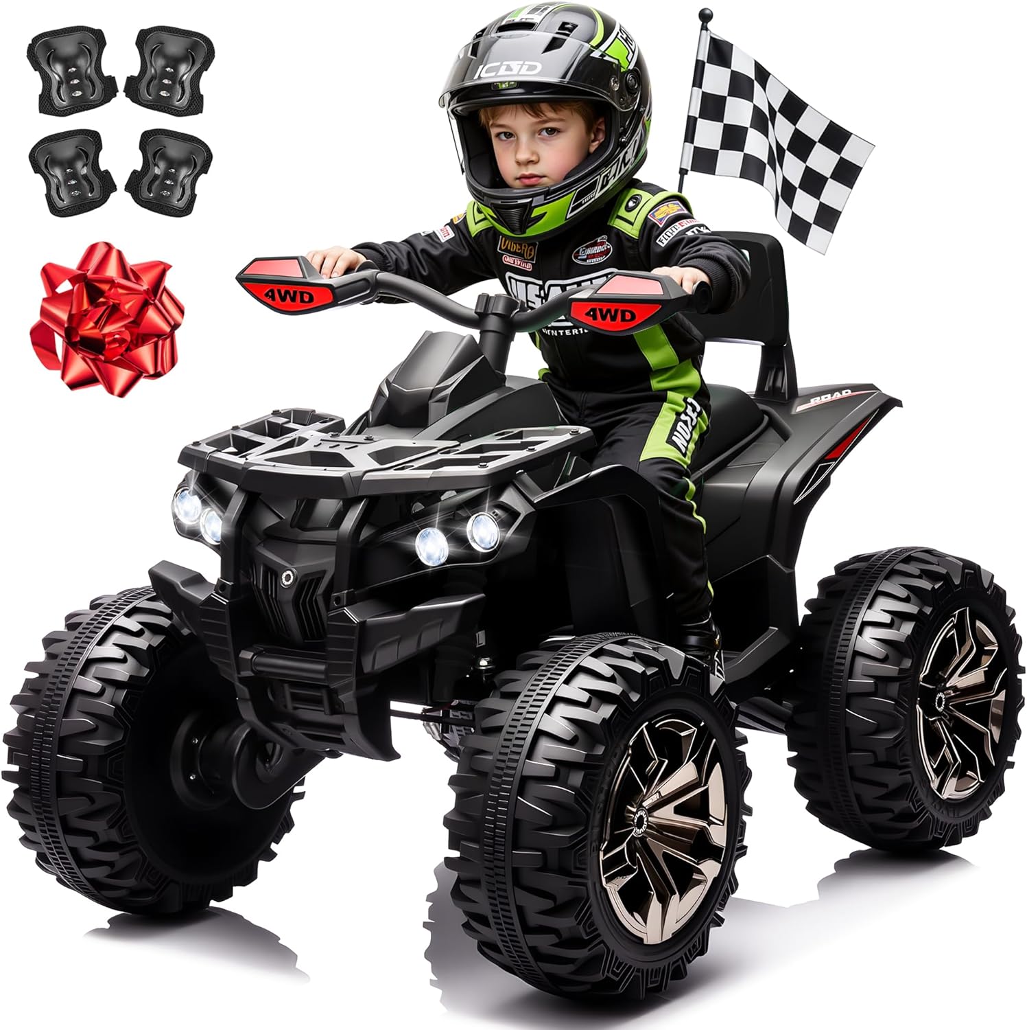 24V Kids ATV 4 Wheeler w/ 800W Motors, 9AH Battery Powered Electric Car w/Remote Control, 3 Speeds, Shock Absorbers, Bluetooth, 4x4 Quad for Kids Ages 3-8, Black