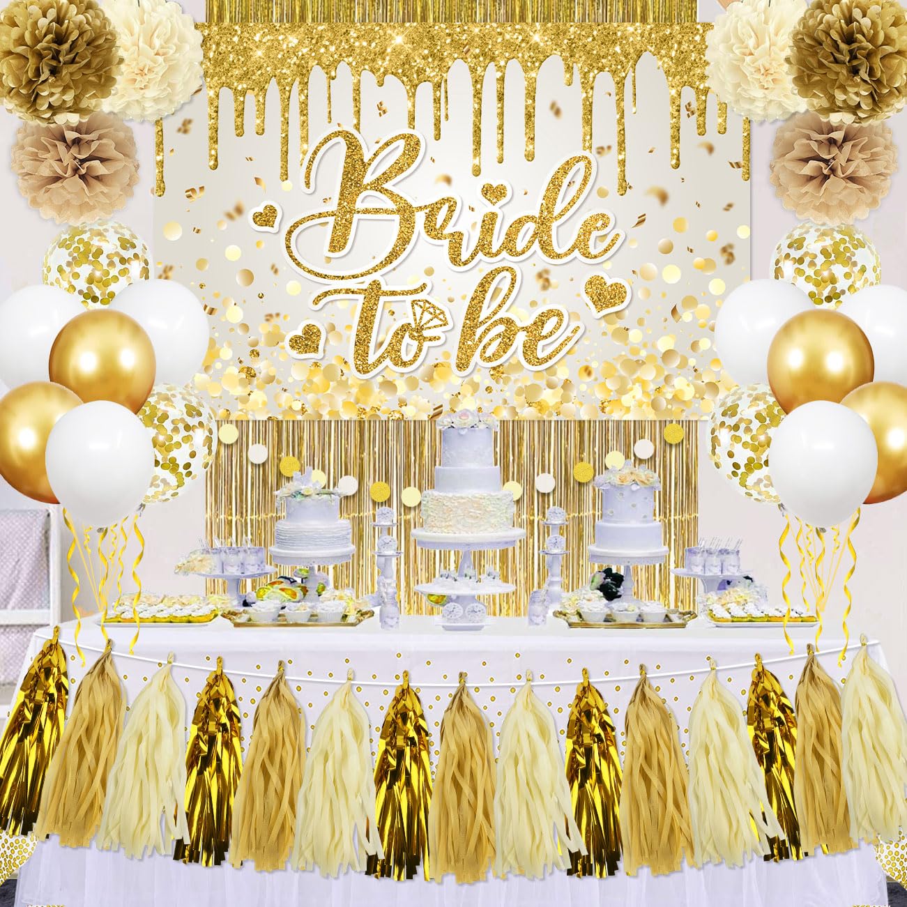 Bridal Shower Decorations Gold Bride to Be Banner Bridal Shower Balloons Tissue Paper Pom Poms Fringe Curtain Bride to Be Party Supplies for Wedding