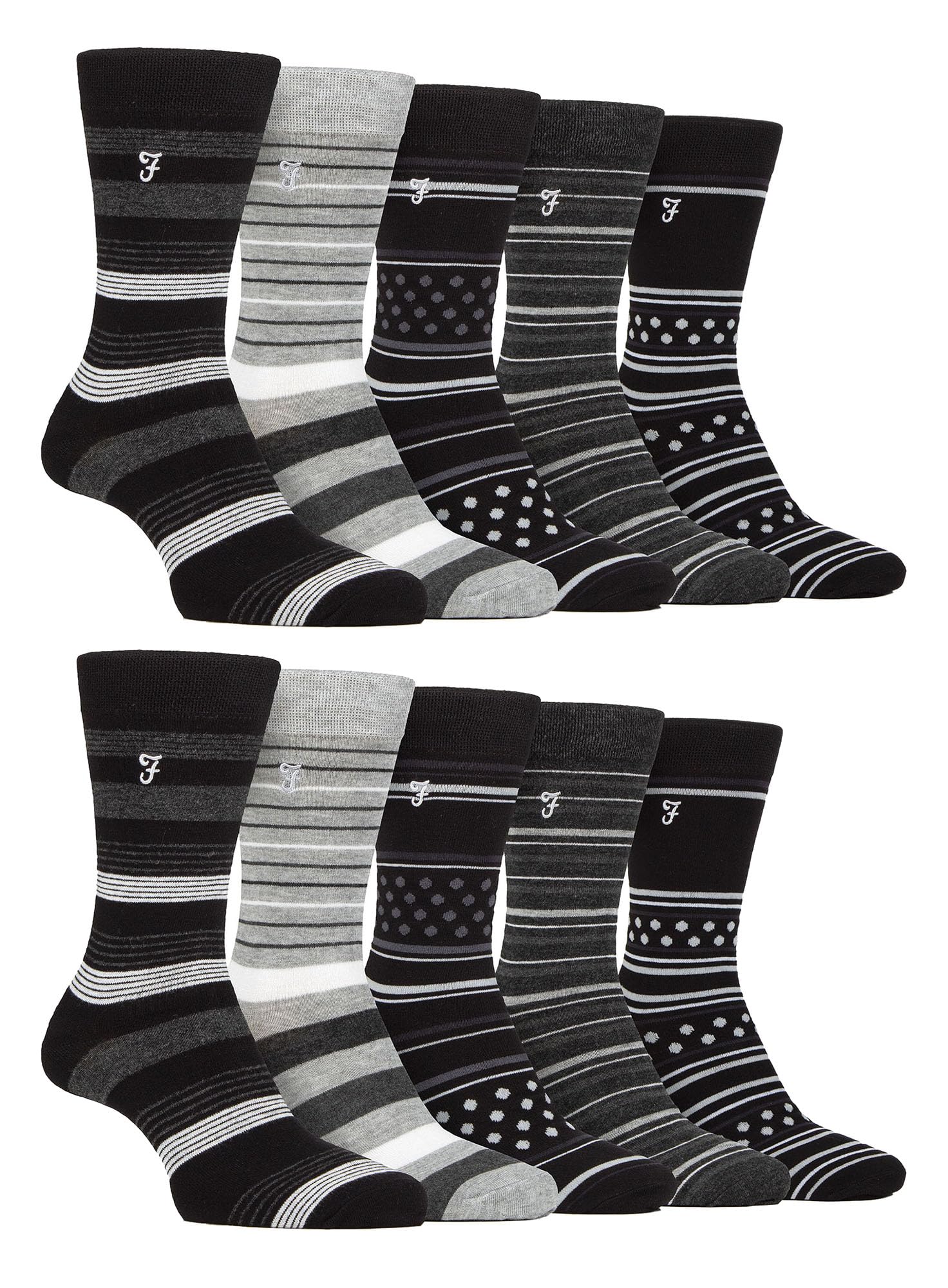 Farah (6-11, Charcoal / ) - Mens 10 Pair Multi-Pack Bright Bamboo Socks Black