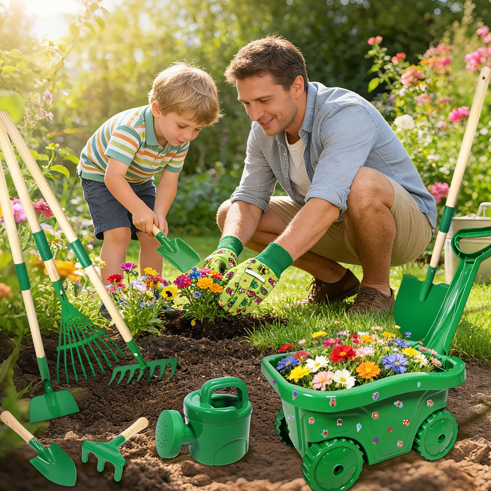Schubkarre für Kinder, 13-teiliges Gartenwerkzeug Set mit Schaufel, Rechen, Gießkanne, Handschuhe, Sticker (Grün)