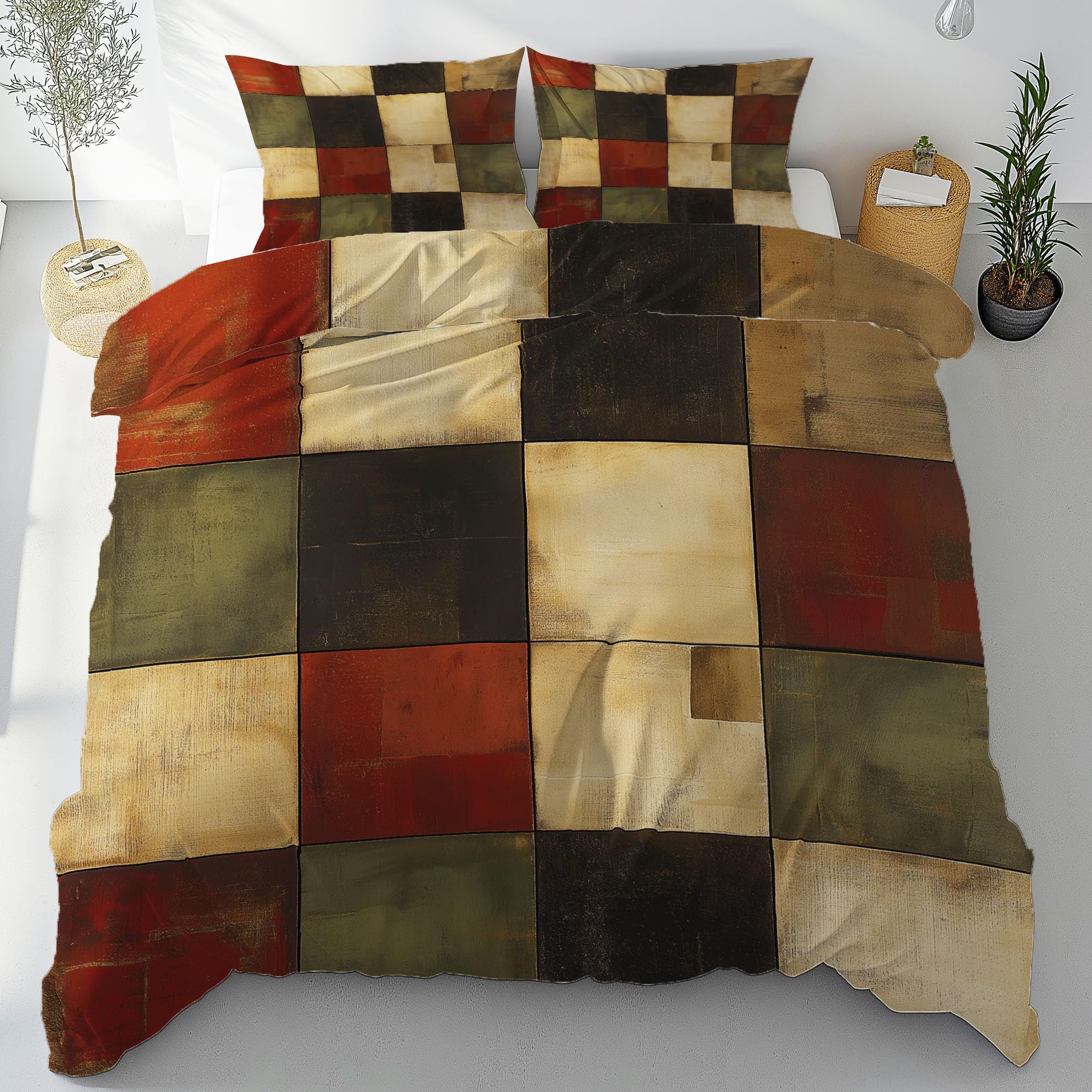 Housse de couette 140x200 patchwork rustique vintage avec sa taie d'oreiller assortie en microfibre