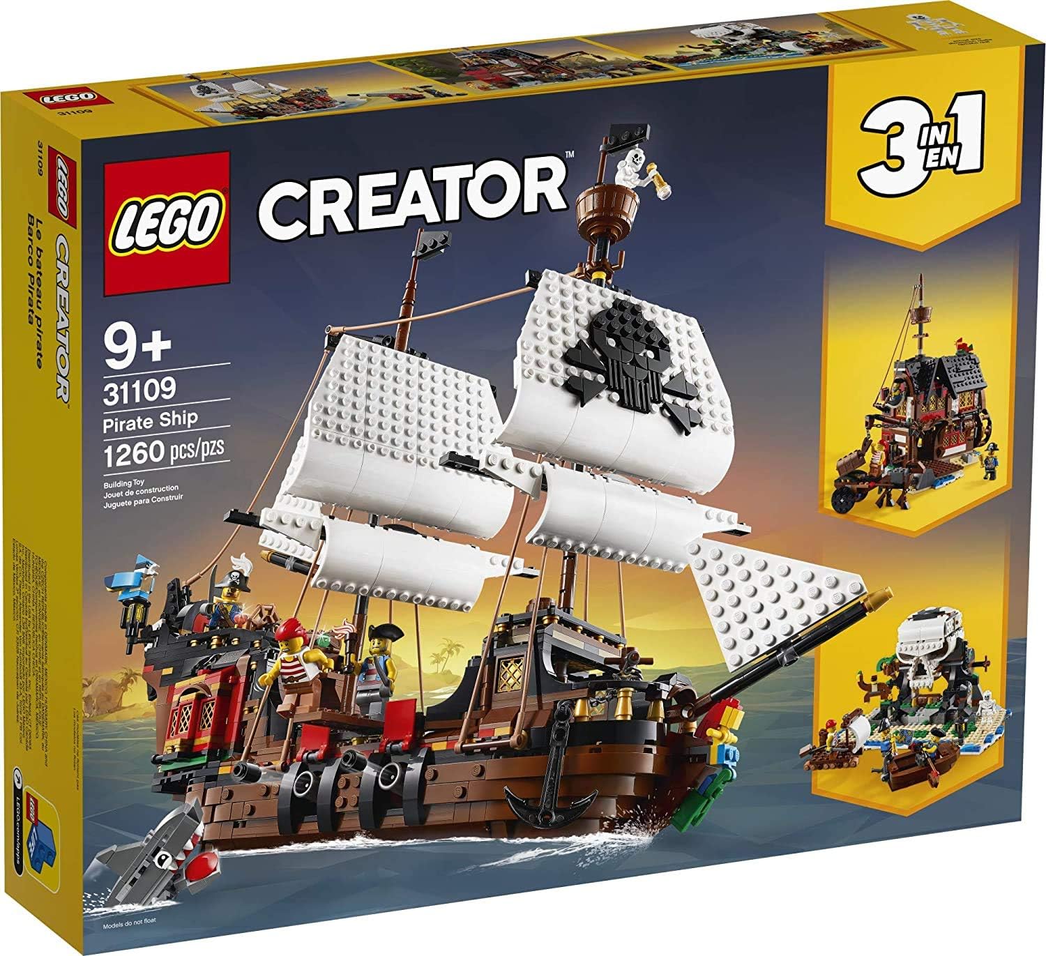 Creator 3 in 1 Pirate Ship Building Set, Kids can Rebuild The Pirate Ship into an Inn or Skull Island, Features 4 Minifigures and Shark Toy, Makes a Great Gift for Kids Ages 9+ Years Old, 31109