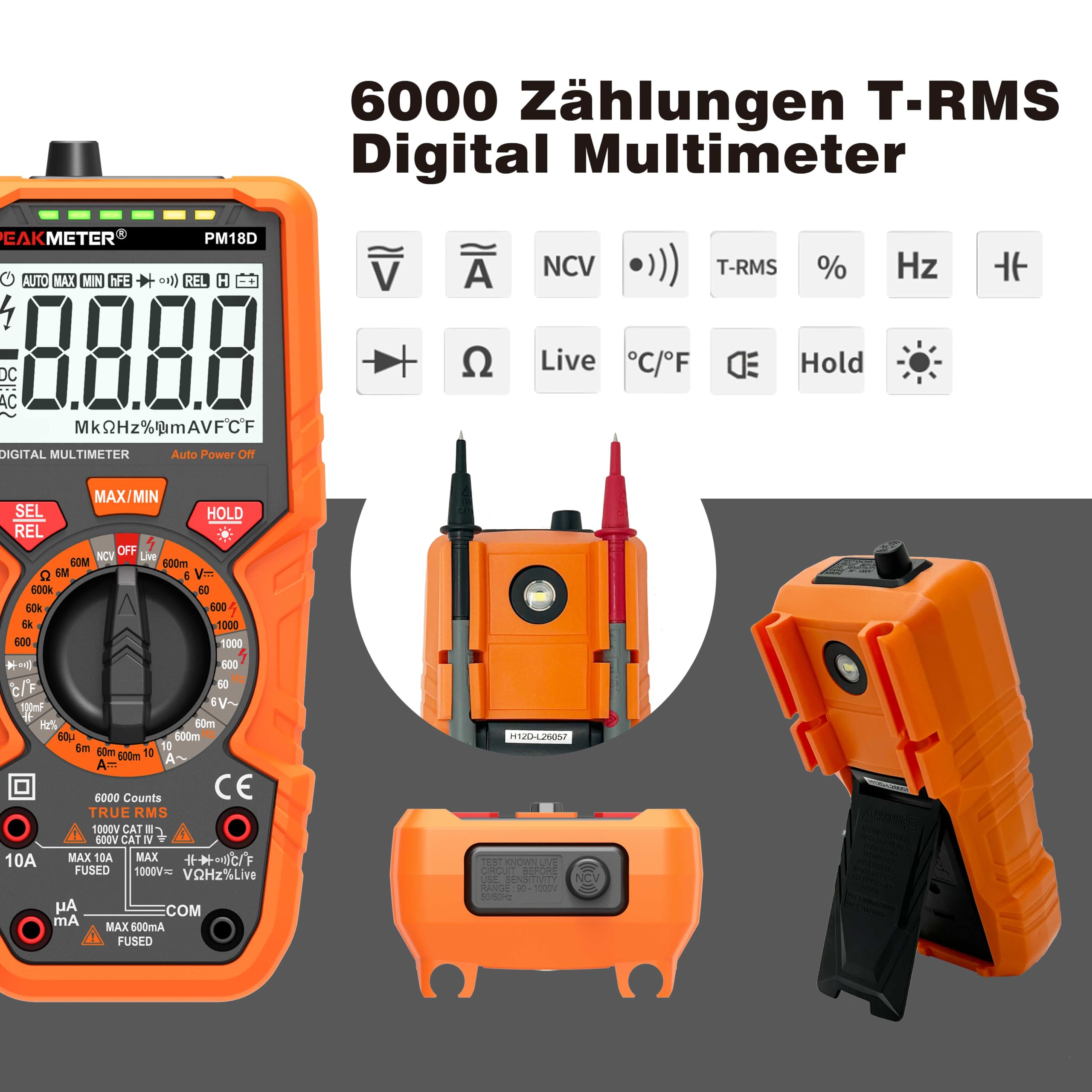 Digital Multimeter mit 6000 Zählungen,True RMS Voltmeter Ohmmeter Amperemeter,Misst Spannung Strom Widerstand Diode Durchgang Temperatur Frequenz NCV Mit LCD-Anzeige und Taschenlampe