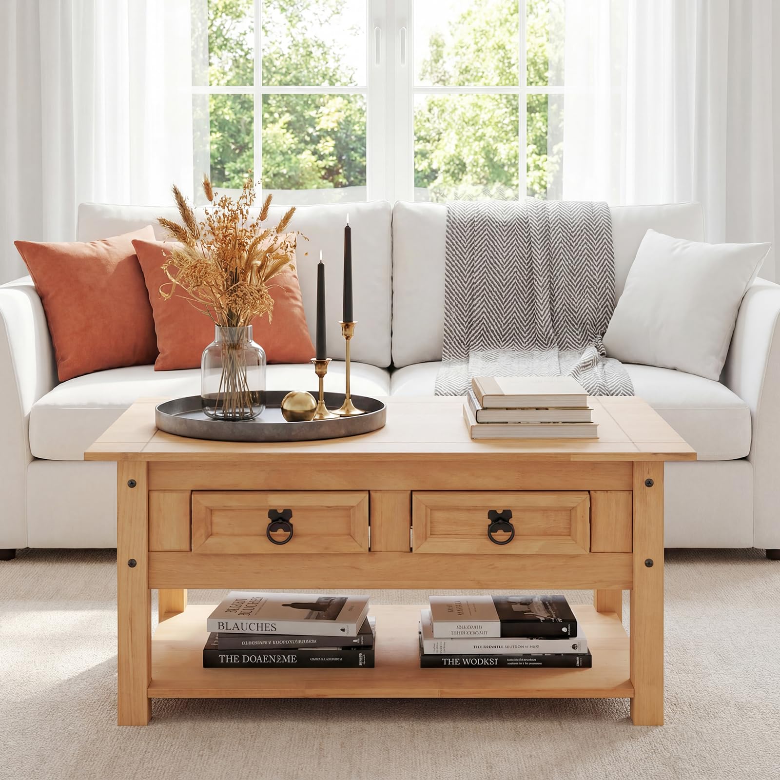 Panana Corona Coffee Table 2 Drawer Mexican Solid Pine,Waxed Solid Pine Wood,Traditional,Rustic 79 x 42 x 46 cm