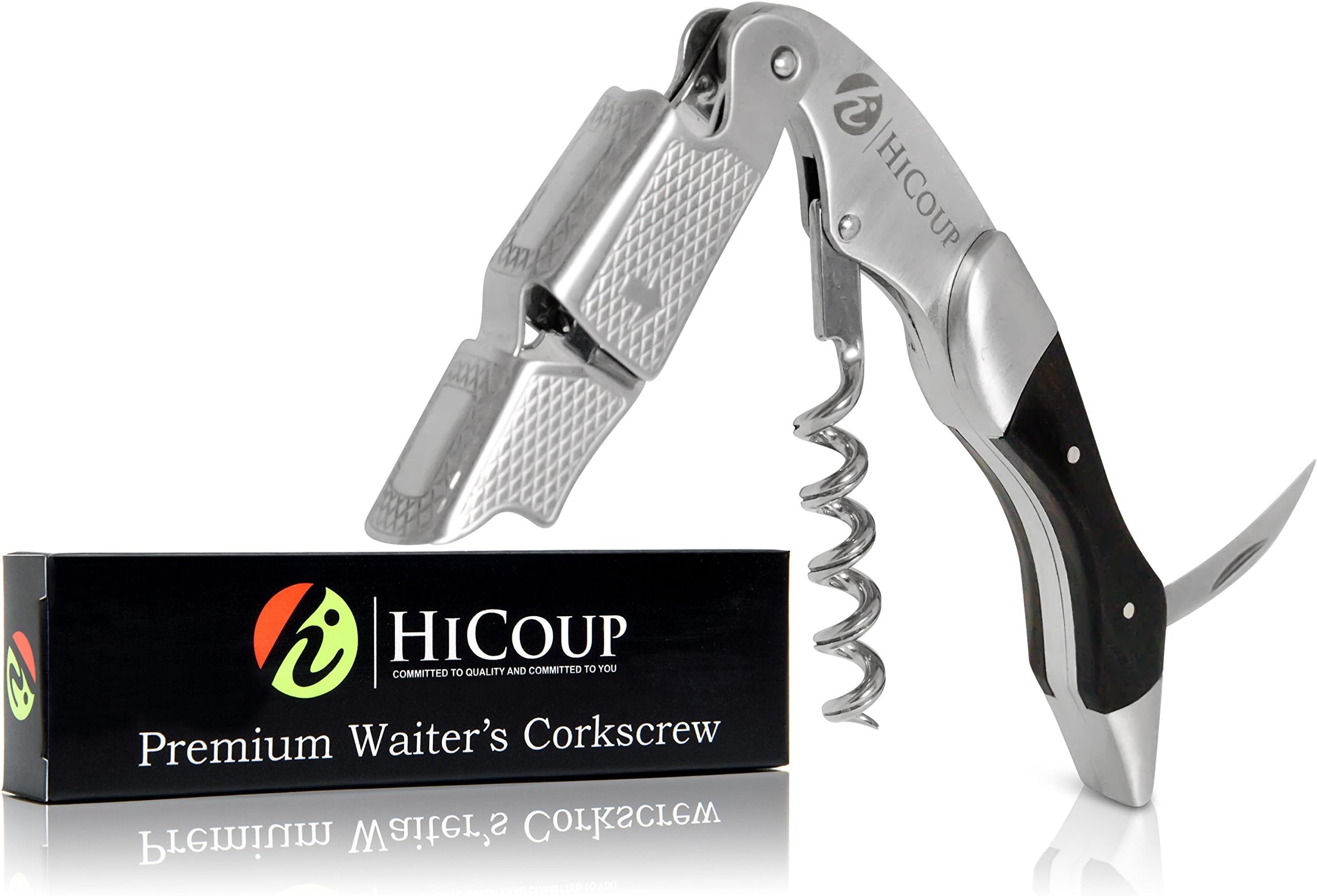 Waiters Corkscrew by HiCoup - Professional Stainless Steel with Ebony Wood Inlay All-in-one Corkscrew, Bottle Opener and Foil Cutter, The Favoured Wine Opener of Sommeliers, Waiters and Bartenders