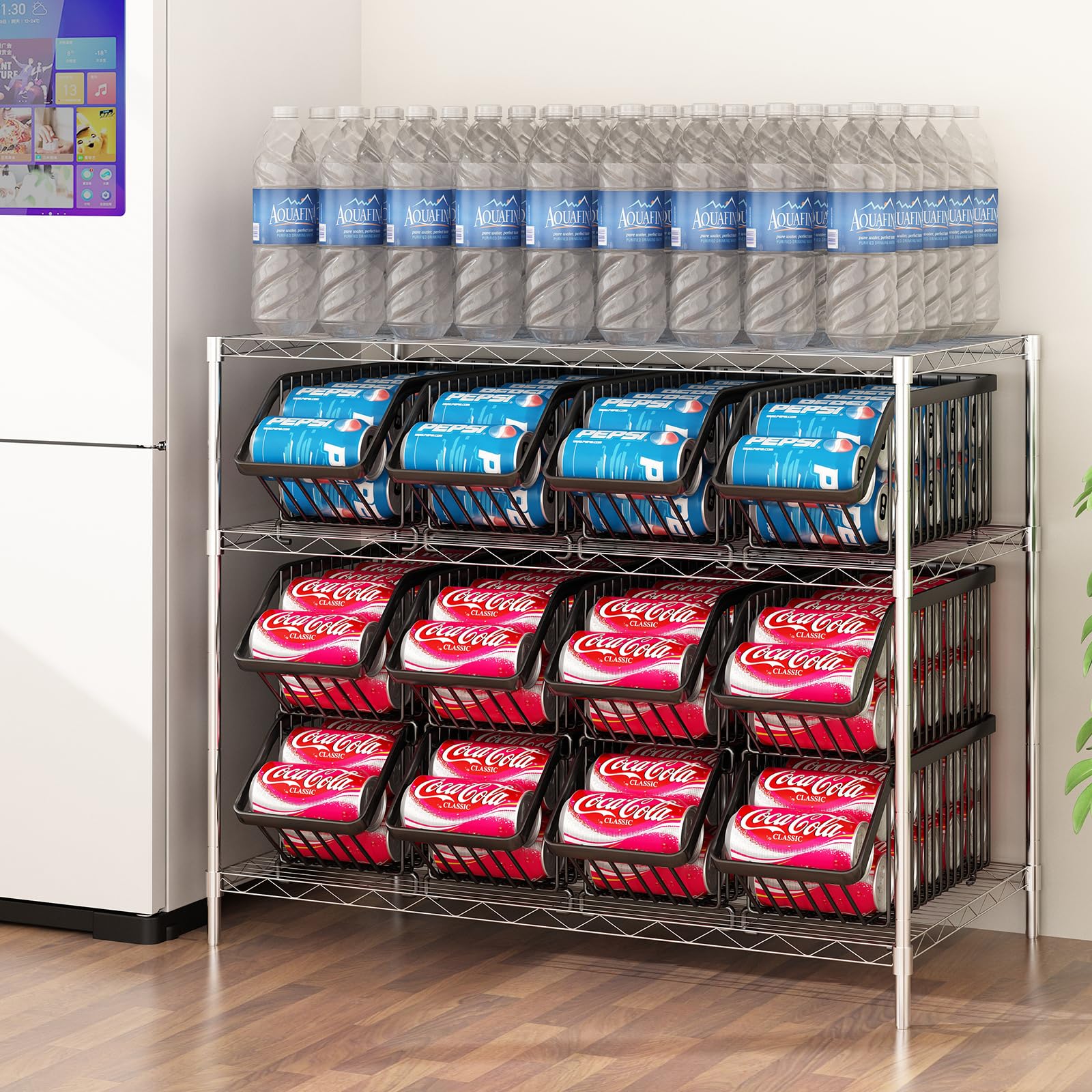 Soda Box Rack Soda Can Organizer GILLAS 4-Pack Stackable - Black Wire Fridge & Pantry ...