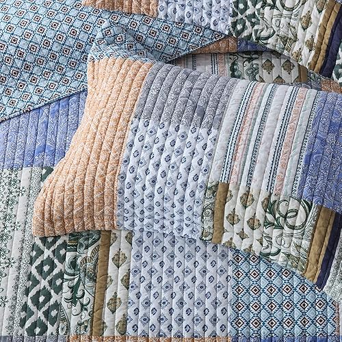 Miniatura 4 de Autumn Dream Juego de colcha de algodón reversible, juego de ropa de cama reversible, colcha de retazos florales vintage rojo y azul, tamaño King