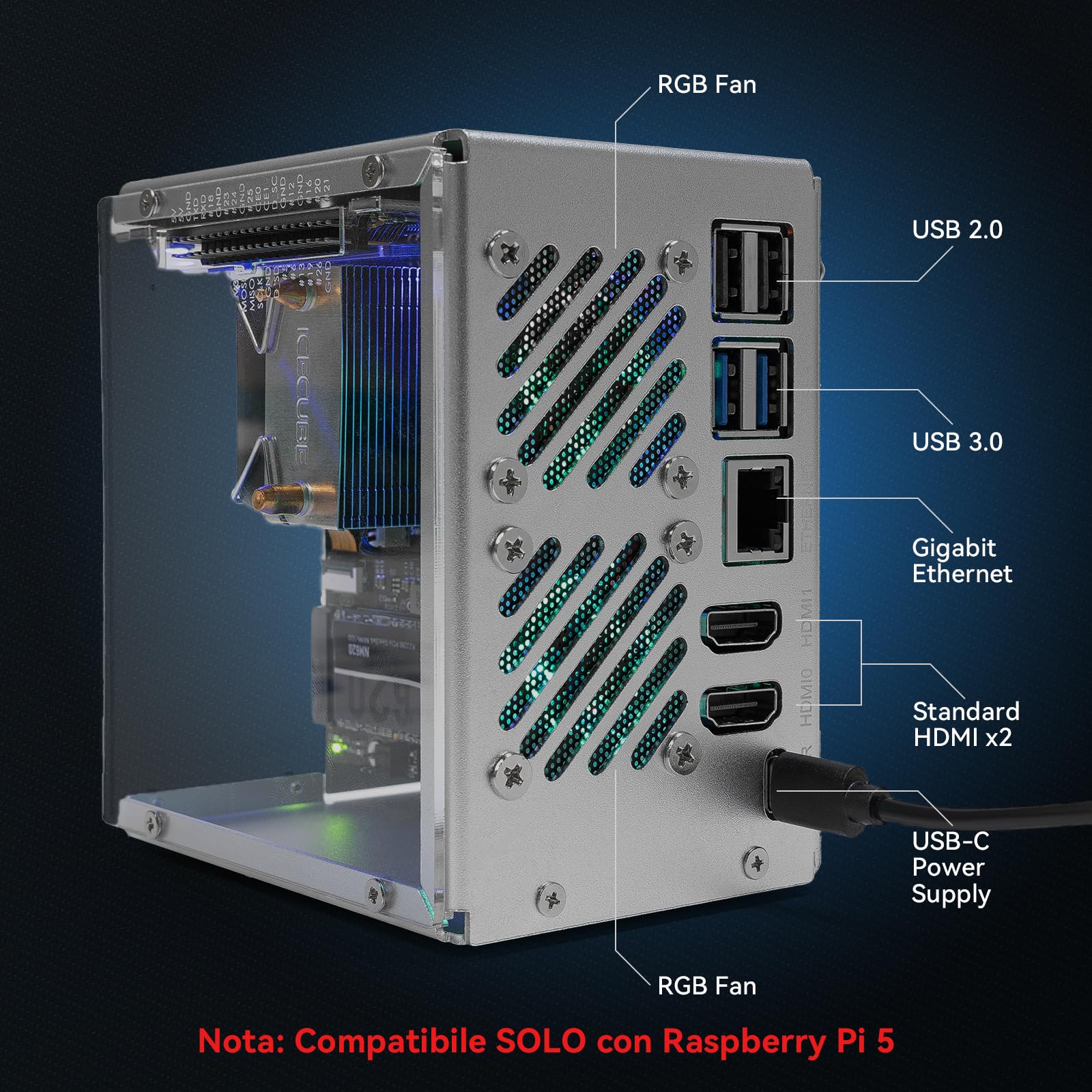 Pironman 5 case Mini PC NVMe M.2 SSD PCIe 2.0/3.0 per Raspberry Pi 5 Hailo-8L, agente AI OpenClaw, dissipatore tower + doppie ventole RGB, modulo OLED 0,96", spegnimento sicuro, HDMI, effetto RGB