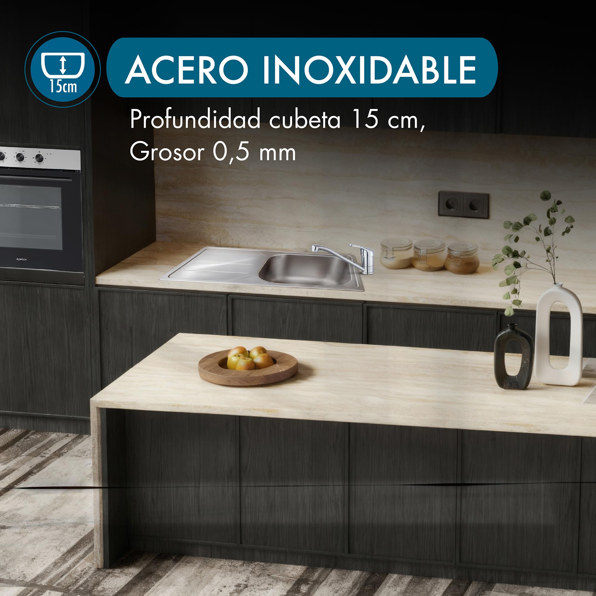 Apelson Fregadero Sobre Encimera ACE 34R, 76x43,5cm, Profundidad 15 cm, Grosor 0,5 mm, Instalación en mueble de 45cm, Accesorios incluidos, Acero Inoxidable