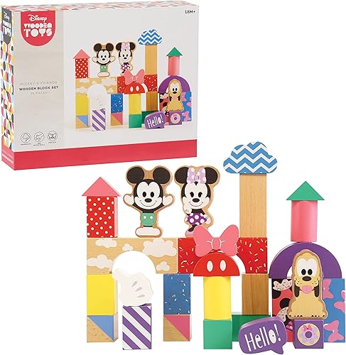 Just Play - Juego de bloques de Mickey Mouse y sus amigos de Disney Wooden Toys, 28 piezas que incluyen las figuras de bloque de Mickey Mouse,